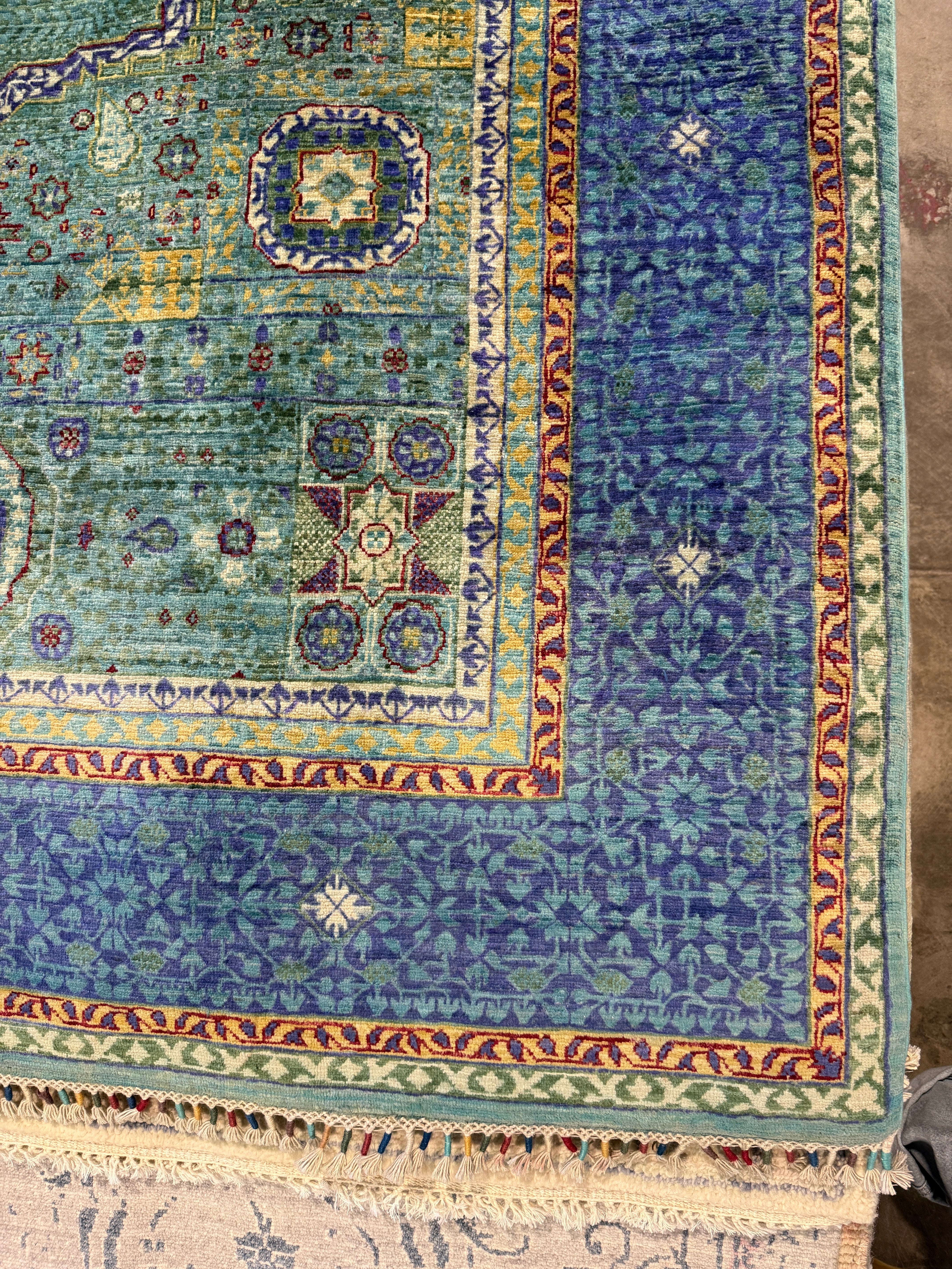 Evelyn Wade 5x6.8 Green and Blue Afghani Mamluk Rug