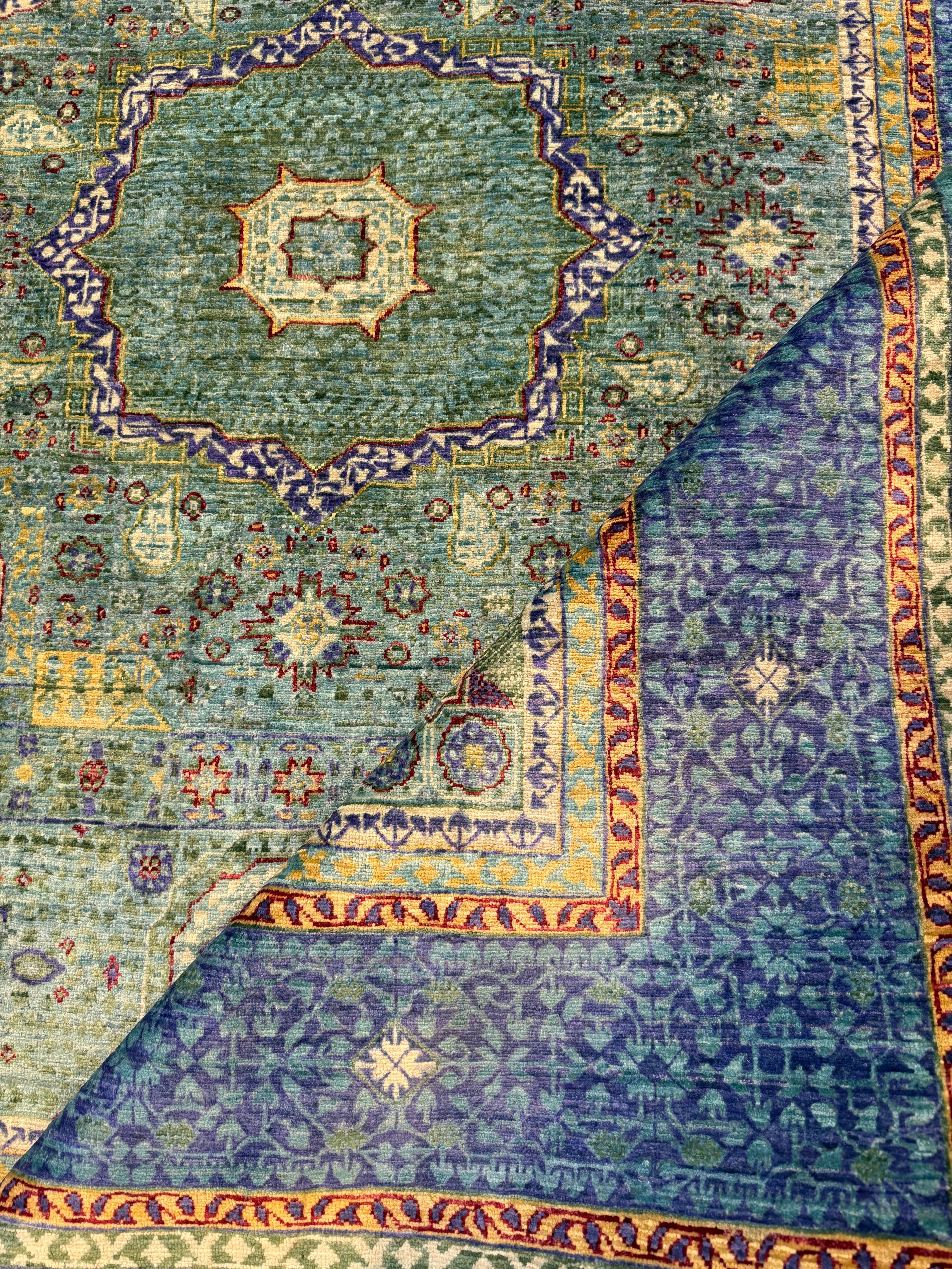 Evelyn Wade 5x6.8 Green and Blue Afghani Mamluk Rug