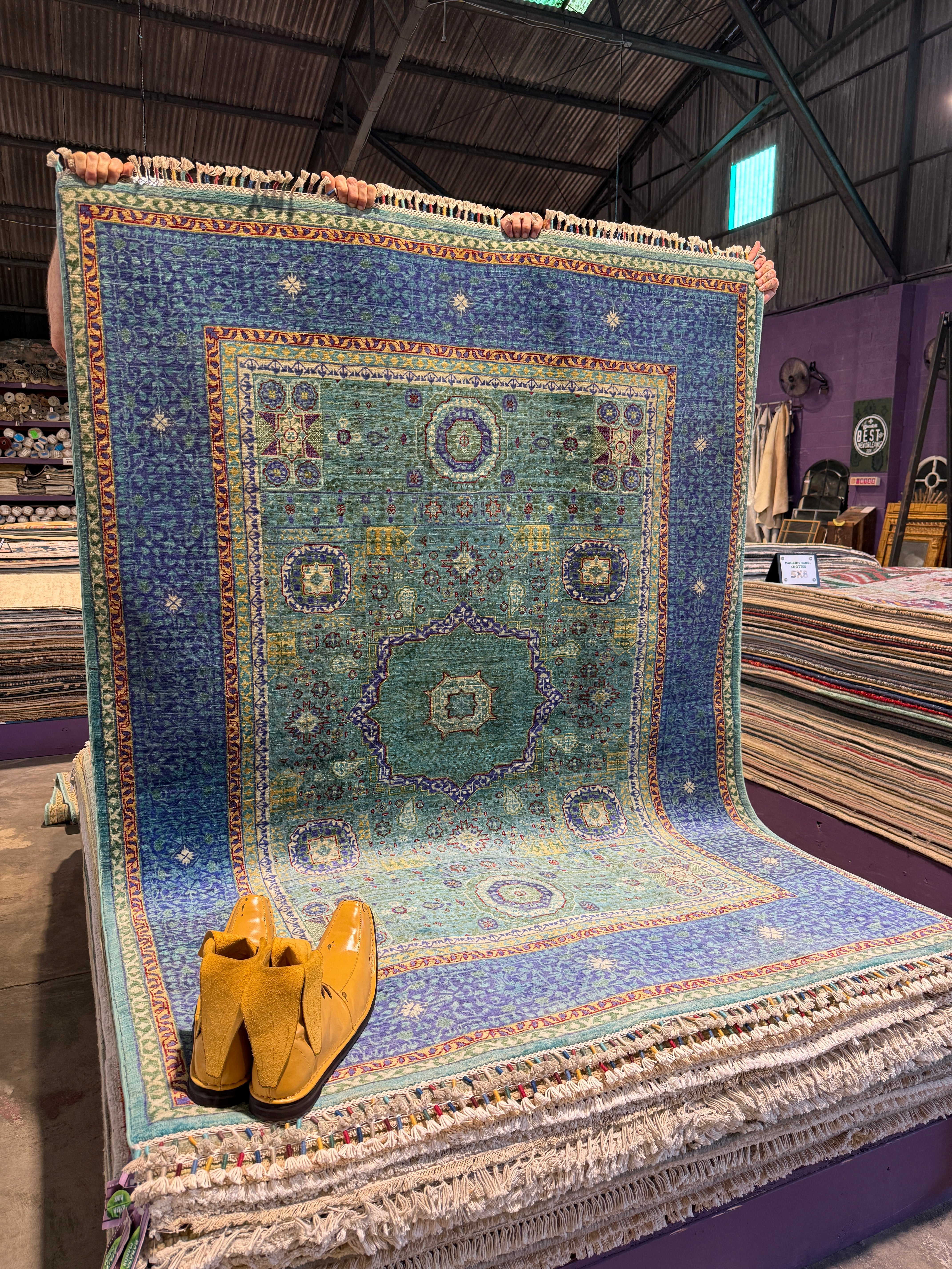 Evelyn Wade 5x6.8 Green and Blue Afghani Mamluk Rug