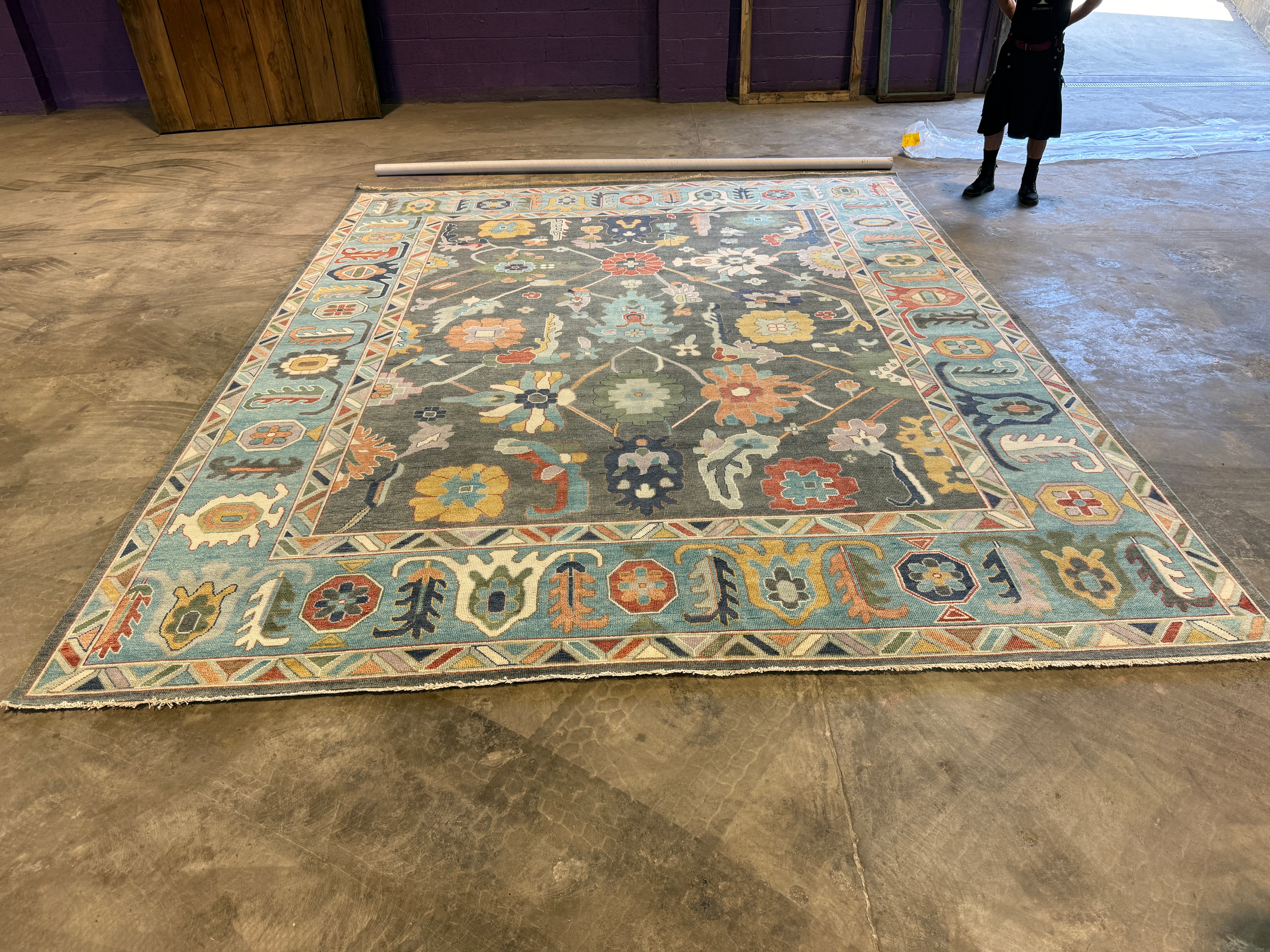 Olivia Pascal 12.3x15 Hand-Knotted Grey & Blue Oushak