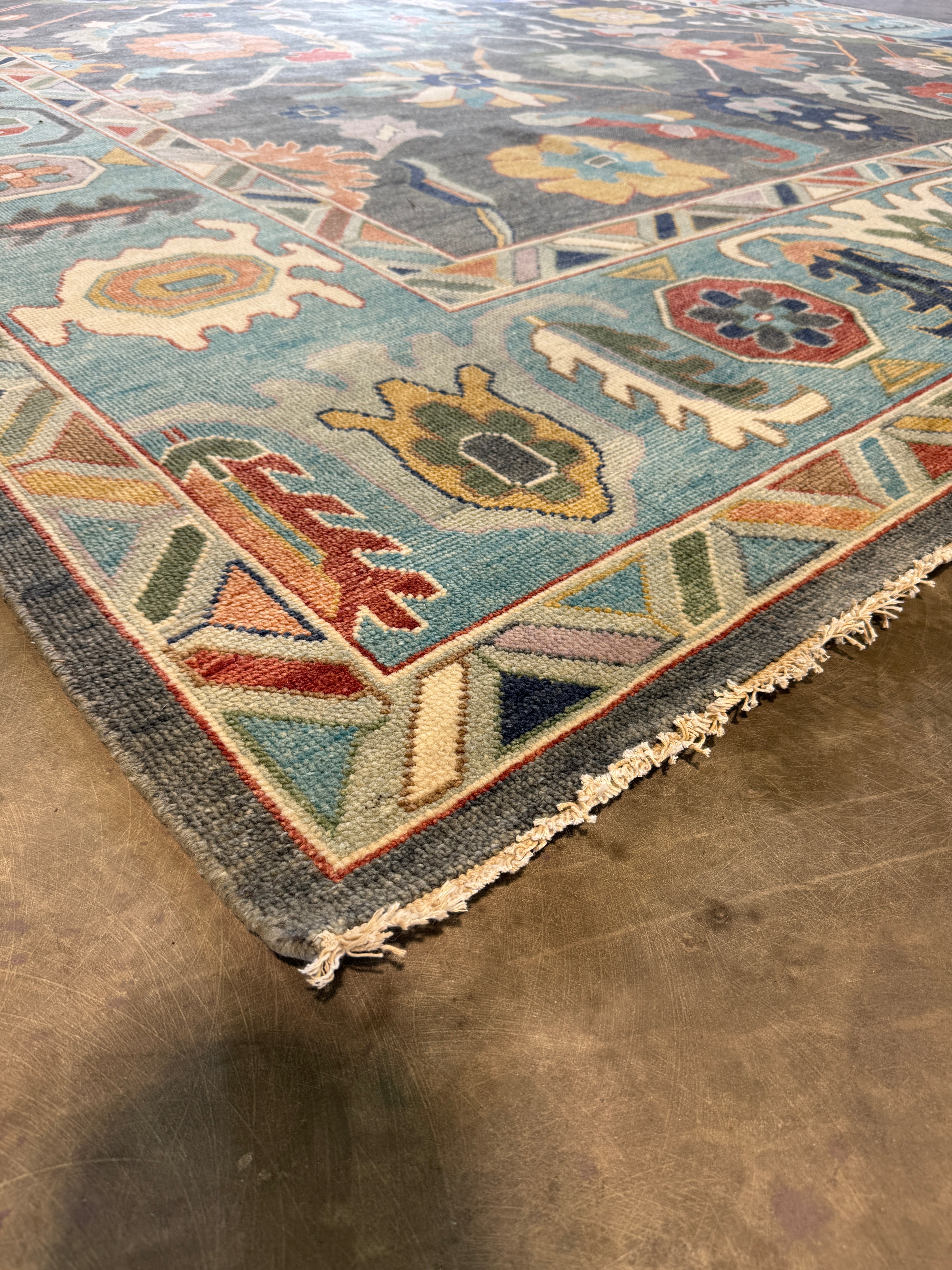 Olivia Pascal 12.3x15 Hand-Knotted Grey & Blue Oushak