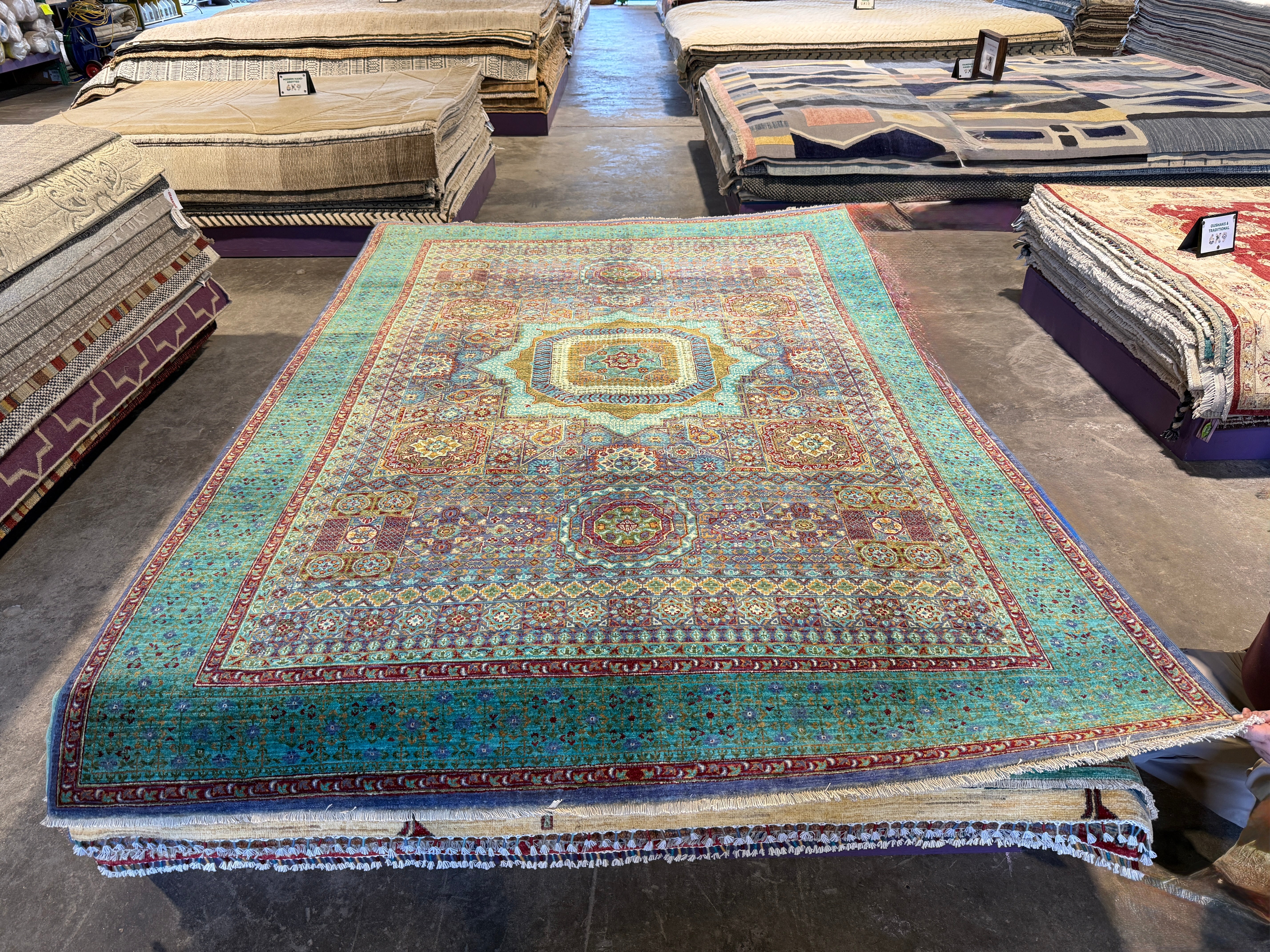 Sydney Topliffe 6.8x9.7 Green and Blue Afghani Mamluk Rug