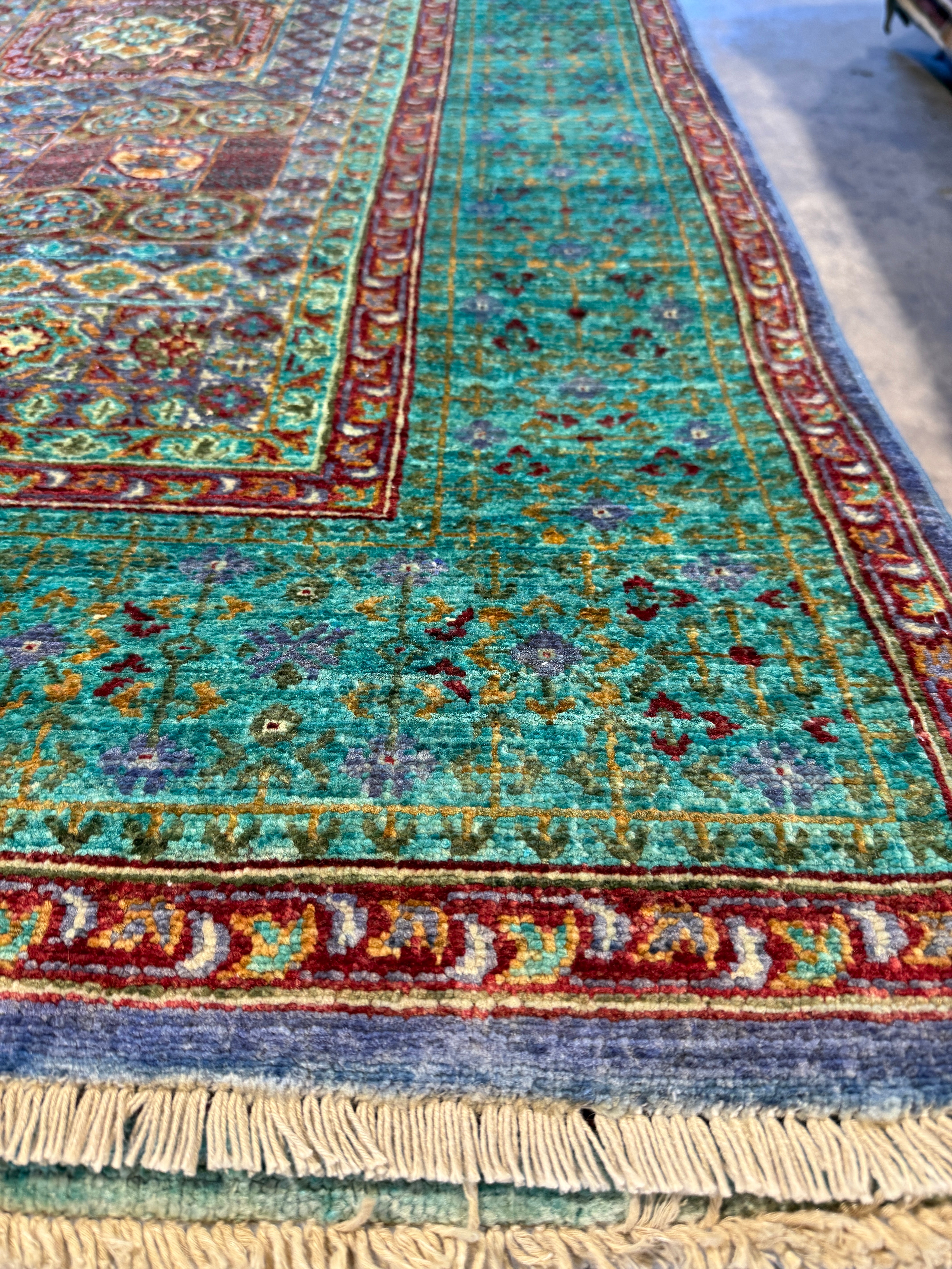 Sydney Topliffe 6.8x9.7 Green and Blue Afghani Mamluk Rug