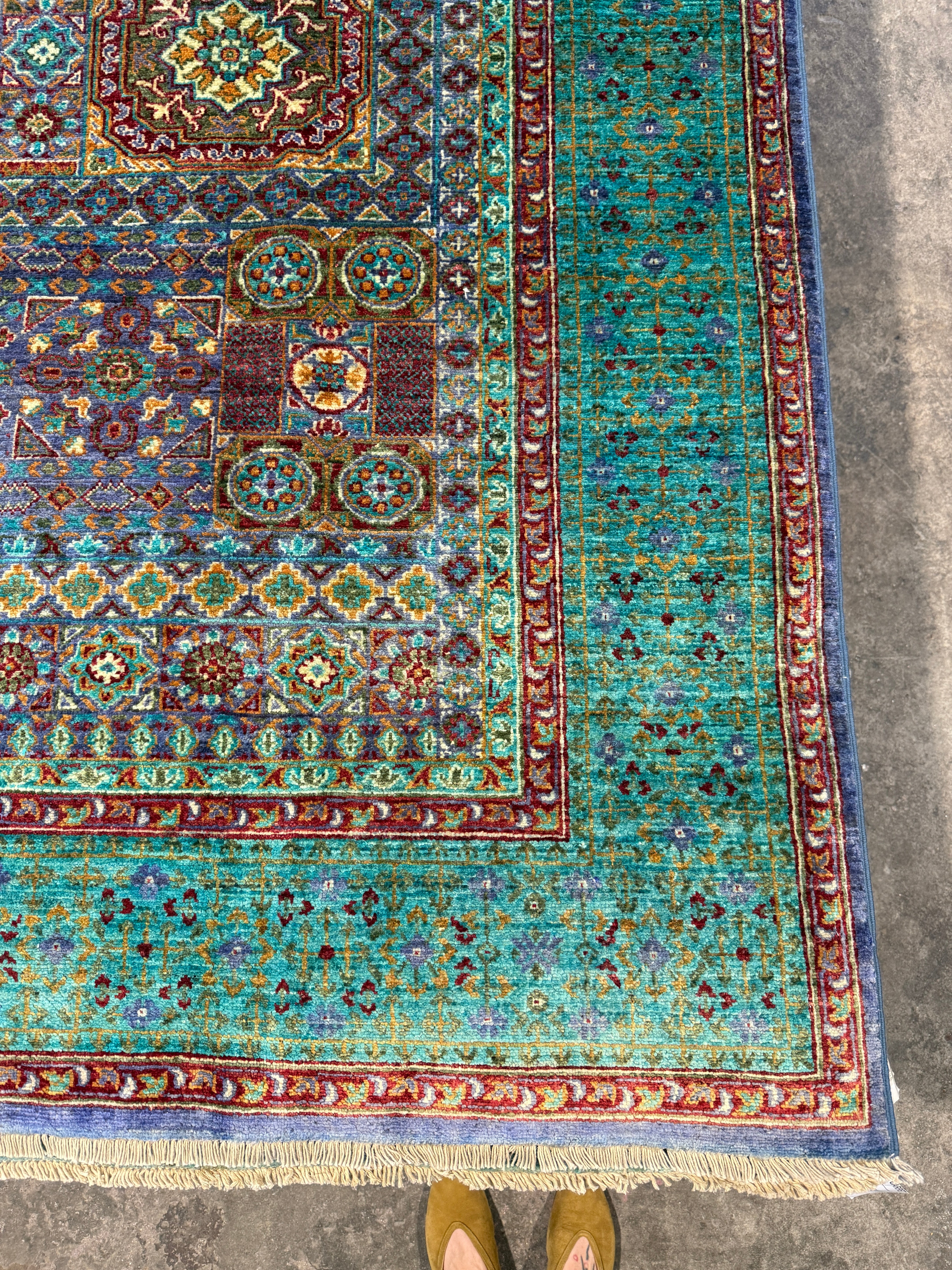 Sydney Topliffe 6.8x9.7 Green and Blue Afghani Mamluk Rug