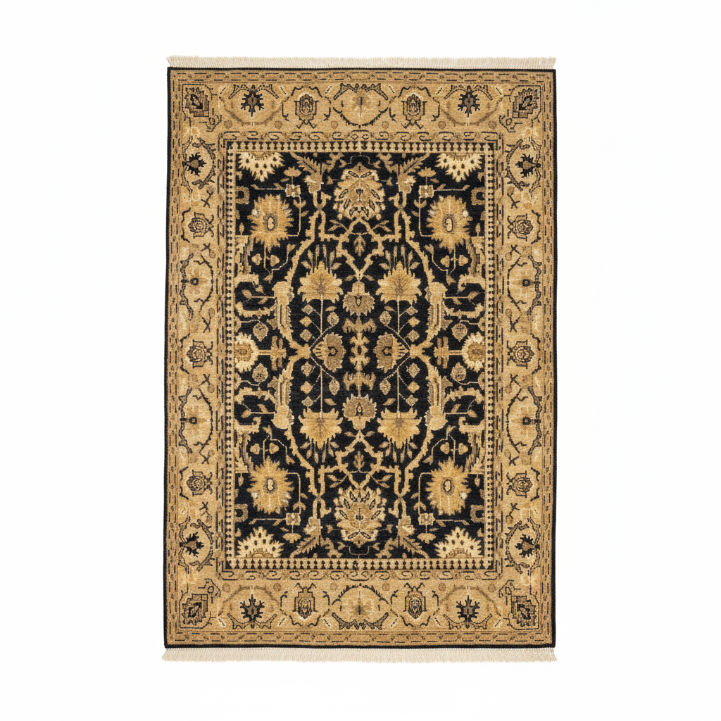 Wendy Hughes 8x9.9 Hand-Knotted Oushak Rug Black and Beige