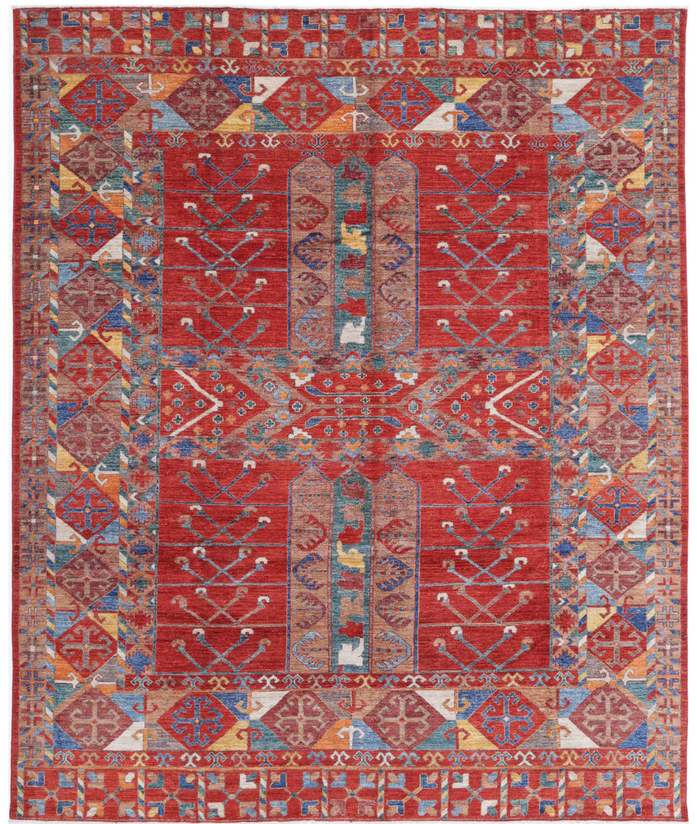 Caroline Sackler 9.1x10.10 Rust and Blue Hand-Knotted Humna Rug