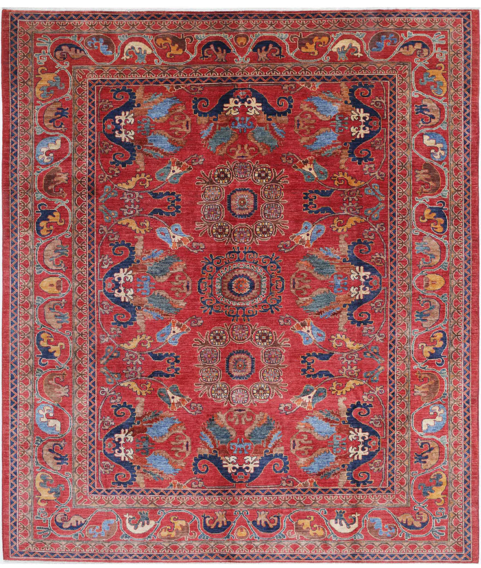 NAME 8.4x9.8 Red and Blue Hand-Knotted Humna Rug