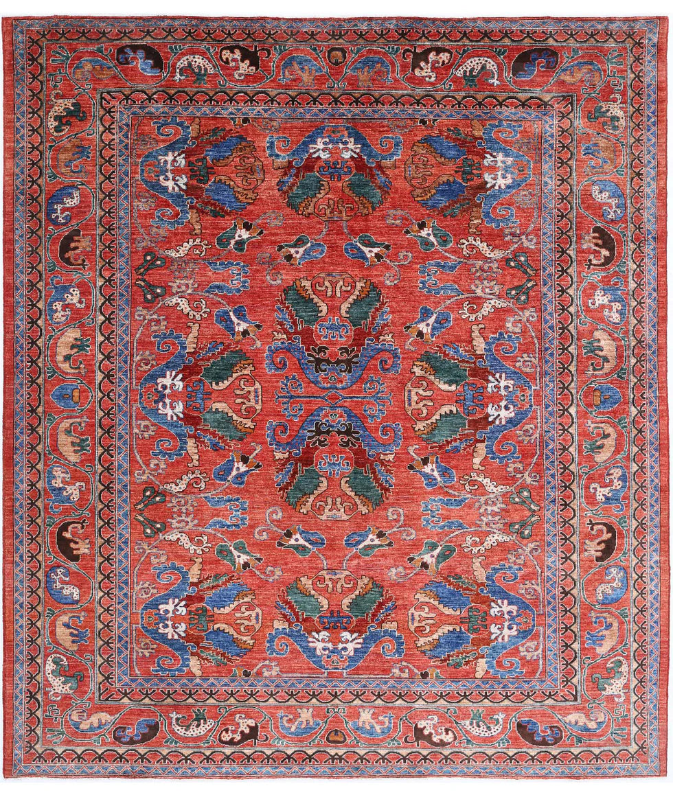 NAME 8.7x9.9 Red and Blue Hand-Knotted Humna Rug