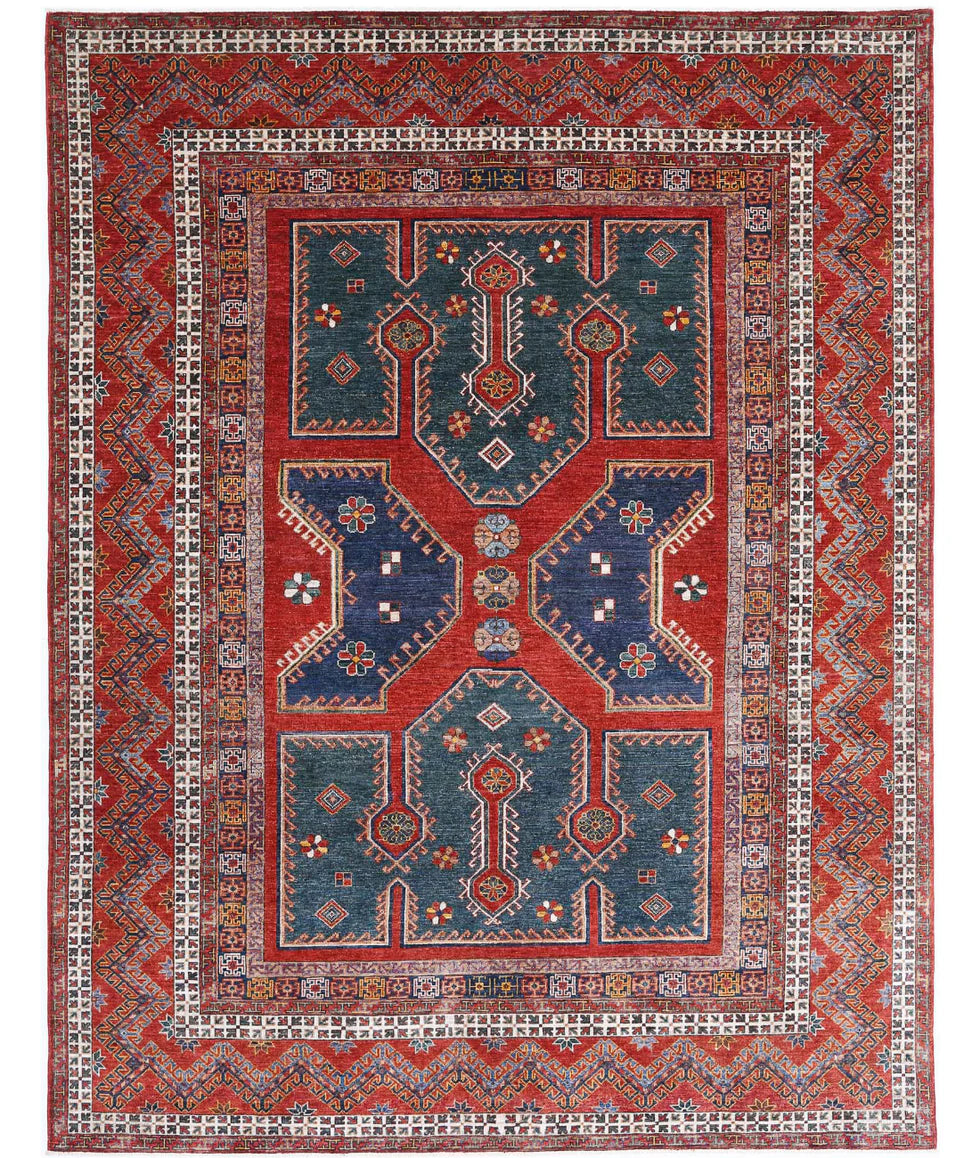 NAME 8.2x10.8 Green and Rust Hand-Knotted Humna Rug