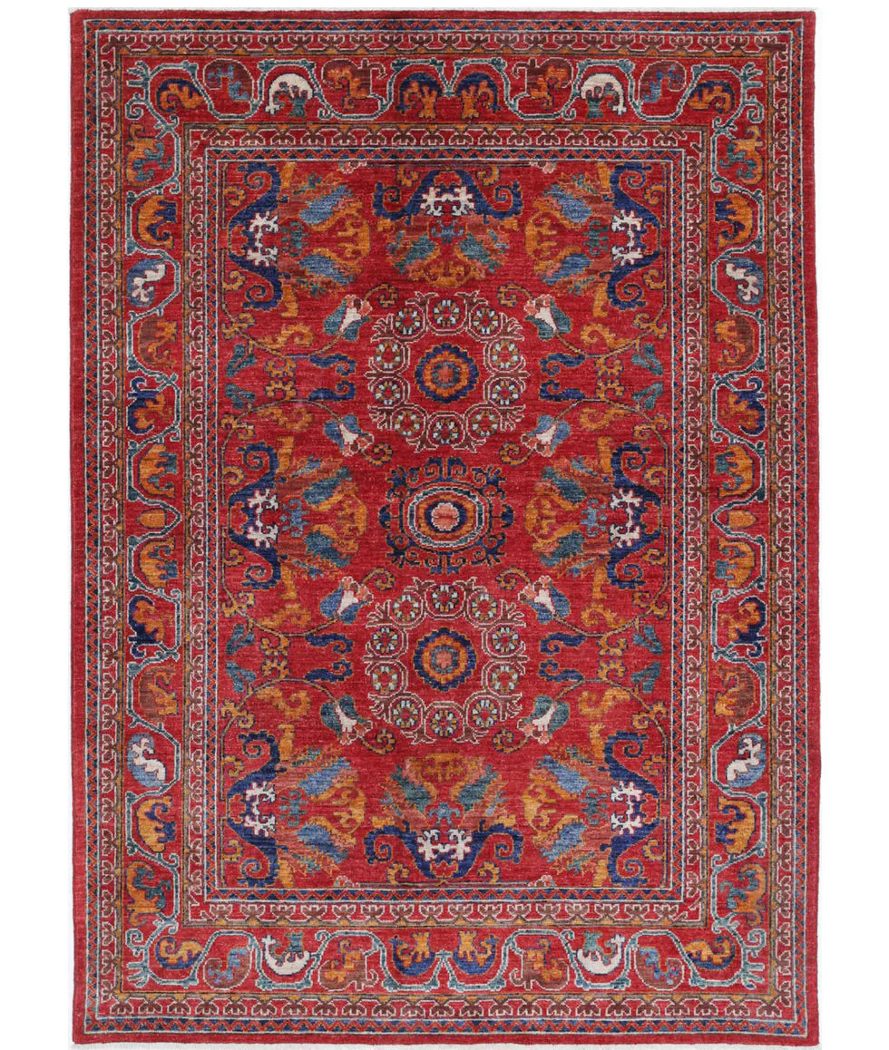 NAME 5x7.1 Red and Gold Hand-Knotted Humna Rug