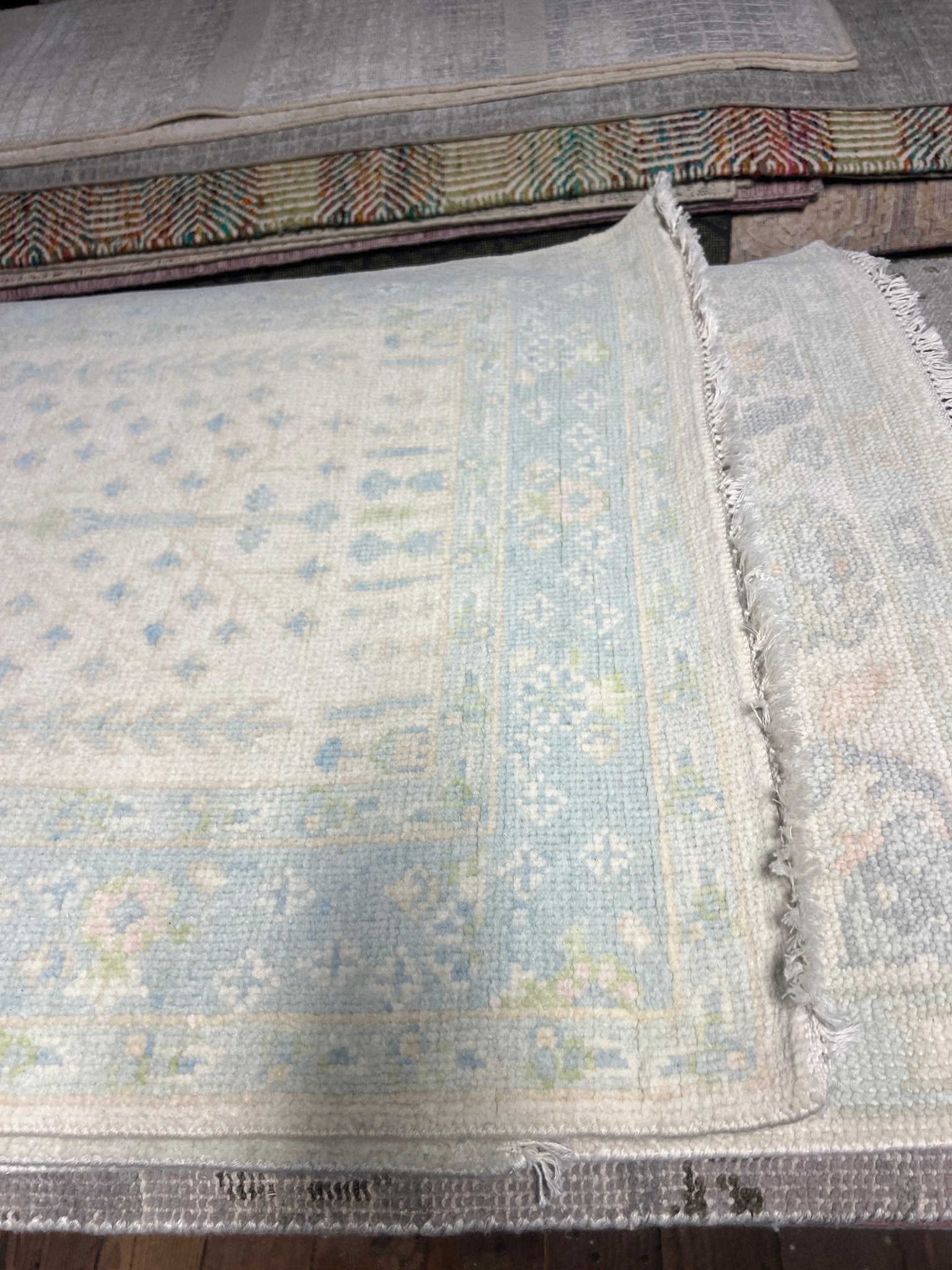 Julia 2.11x4.11 Hand-Knotted Cream and Blue Oushak | Banana Manor Rug Factory Outlet