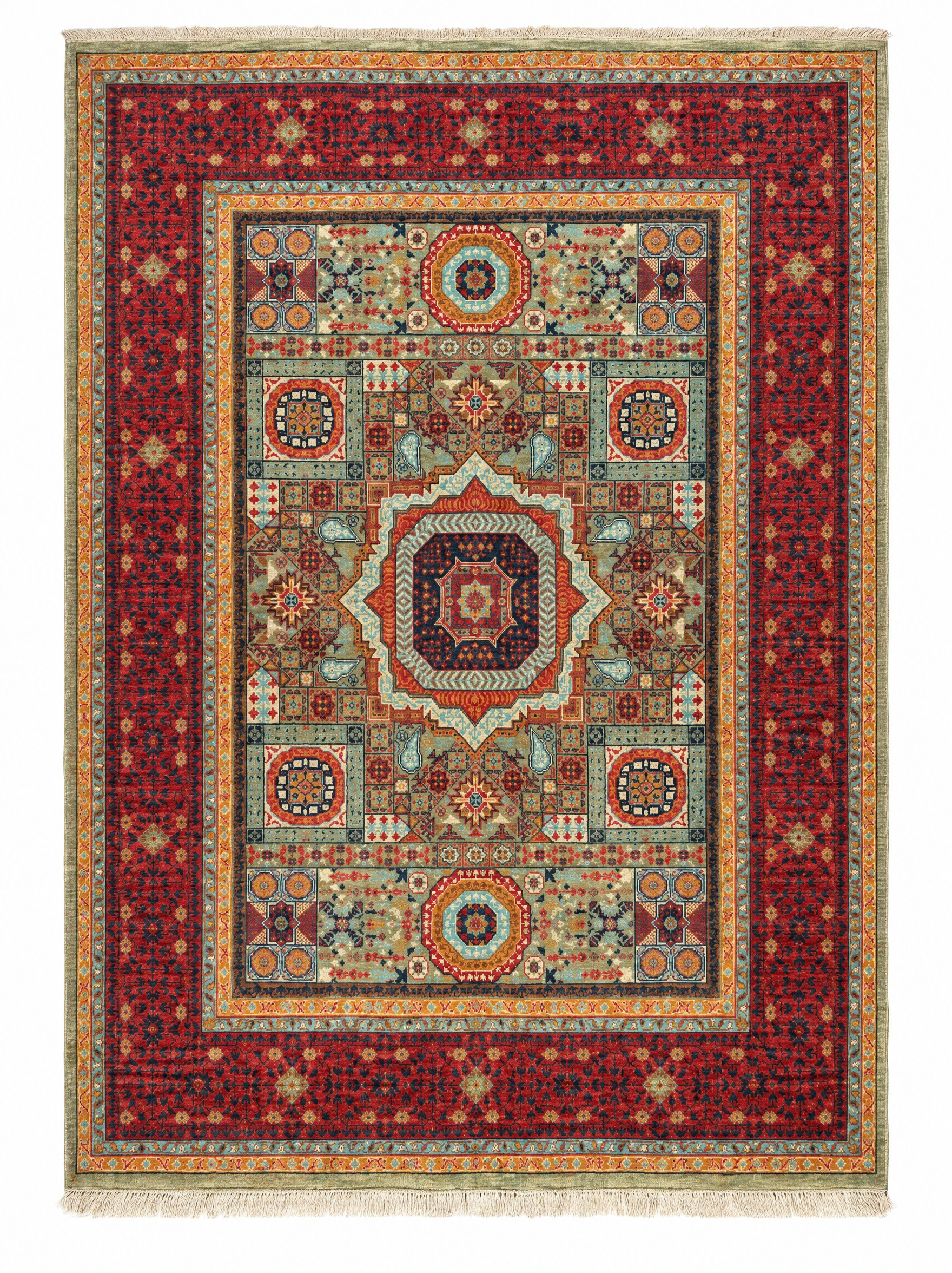 Leila George 5.1x6.8 Green and Red Afghani Sultani Rug — created with Imersian