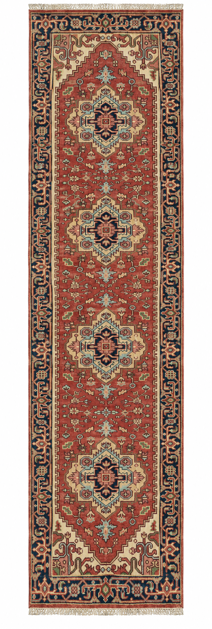 Irene Cara 2.6x15.9 Blue and Rust Hand-Knotted Serapi Runner Rug — created with Imersian