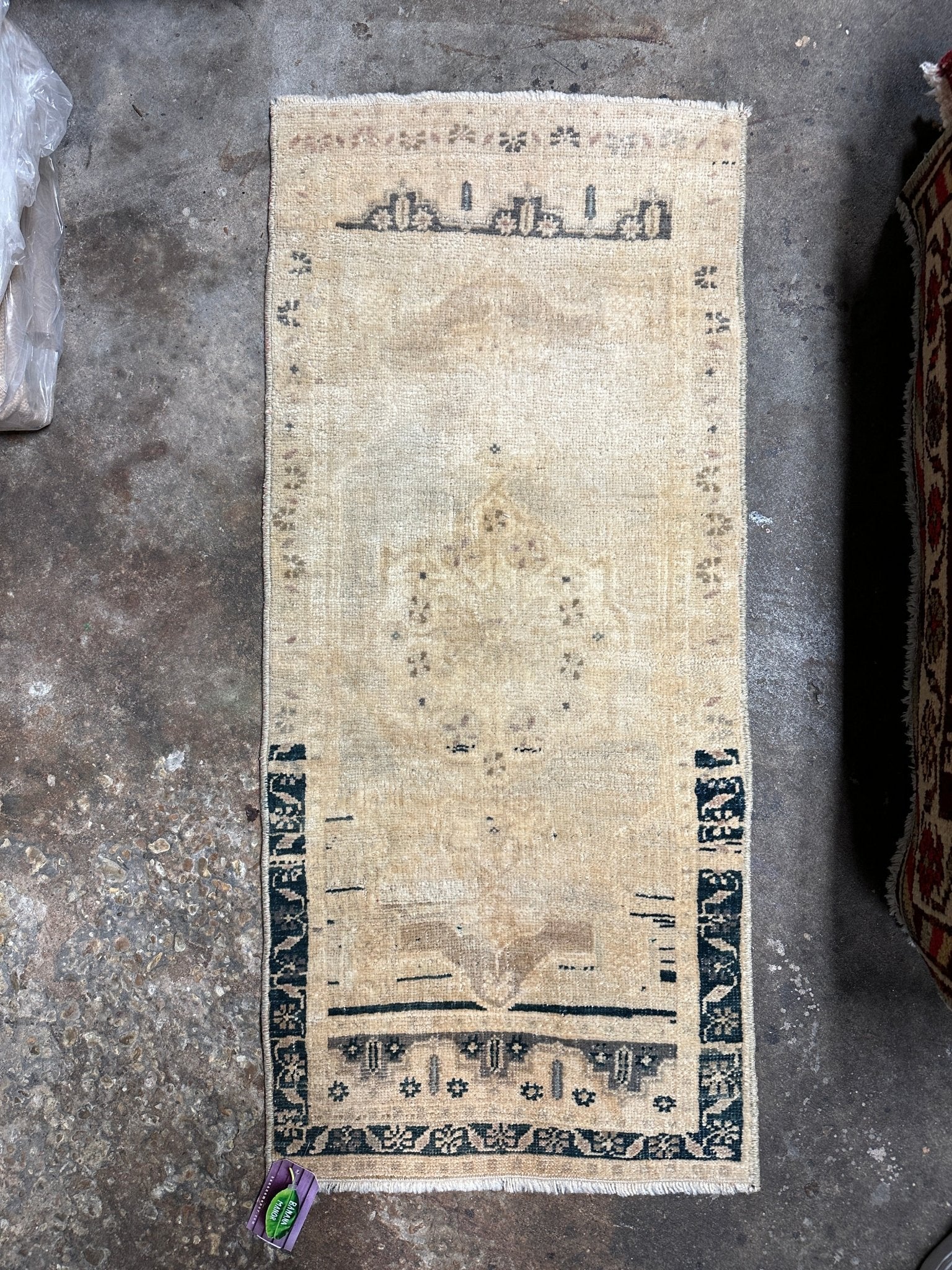 Vintage 1.7x3.7 Turkish Oushak Tan and Black Small Rug | Banana Manor Rug Factory Outlet
