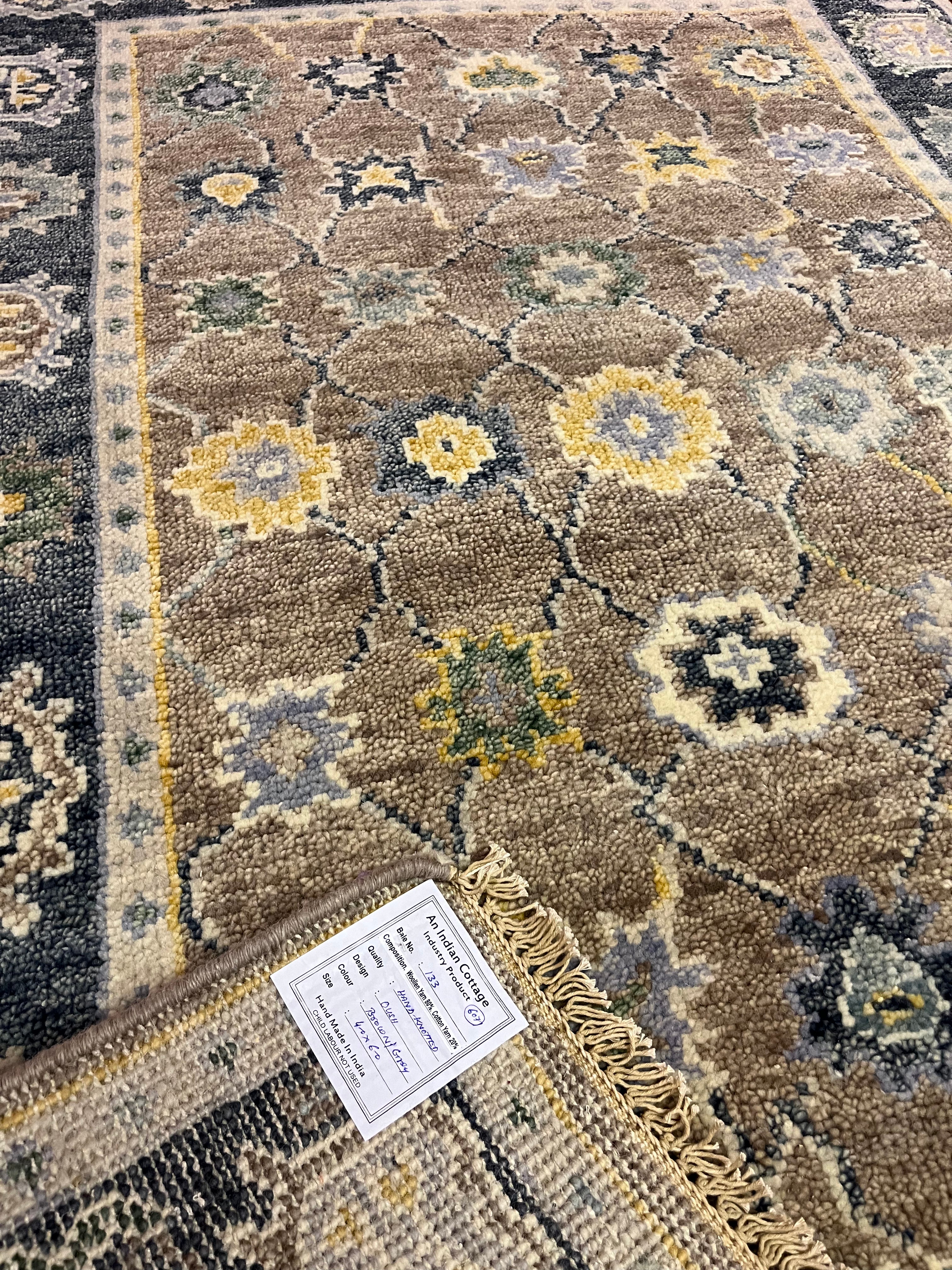 Ana Claudia Brown and Blue Hand-Knotted Oushak Rug 4x6 | Banana Manor Rug Company