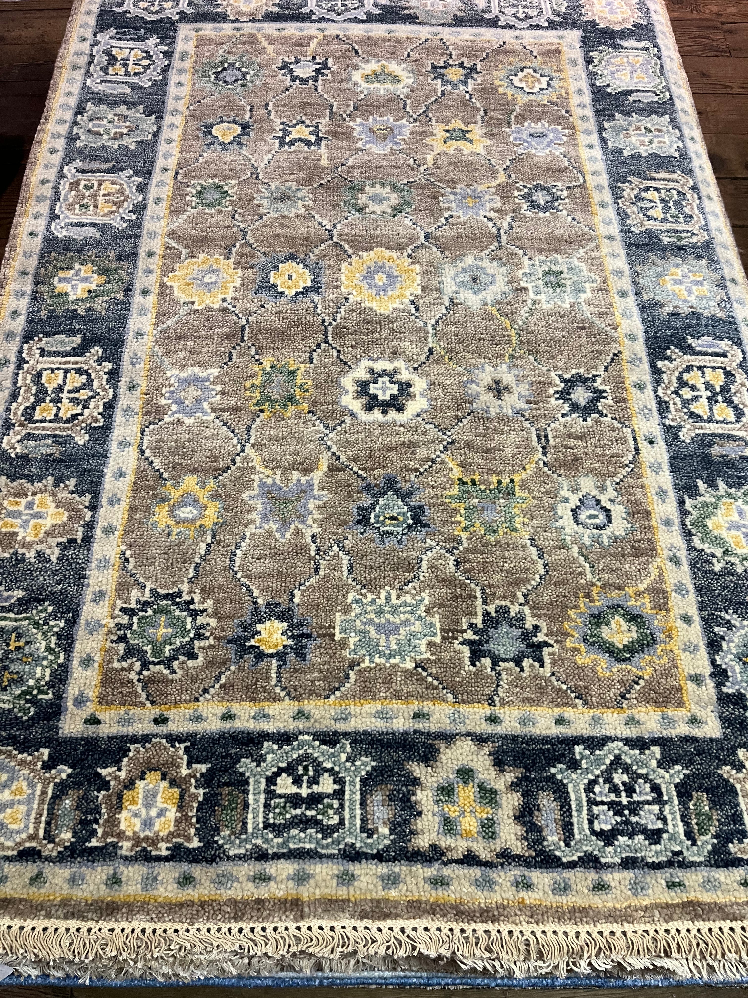 Ana Claudia Brown and Blue Hand-Knotted Oushak Rug 4x6 | Banana Manor Rug Company