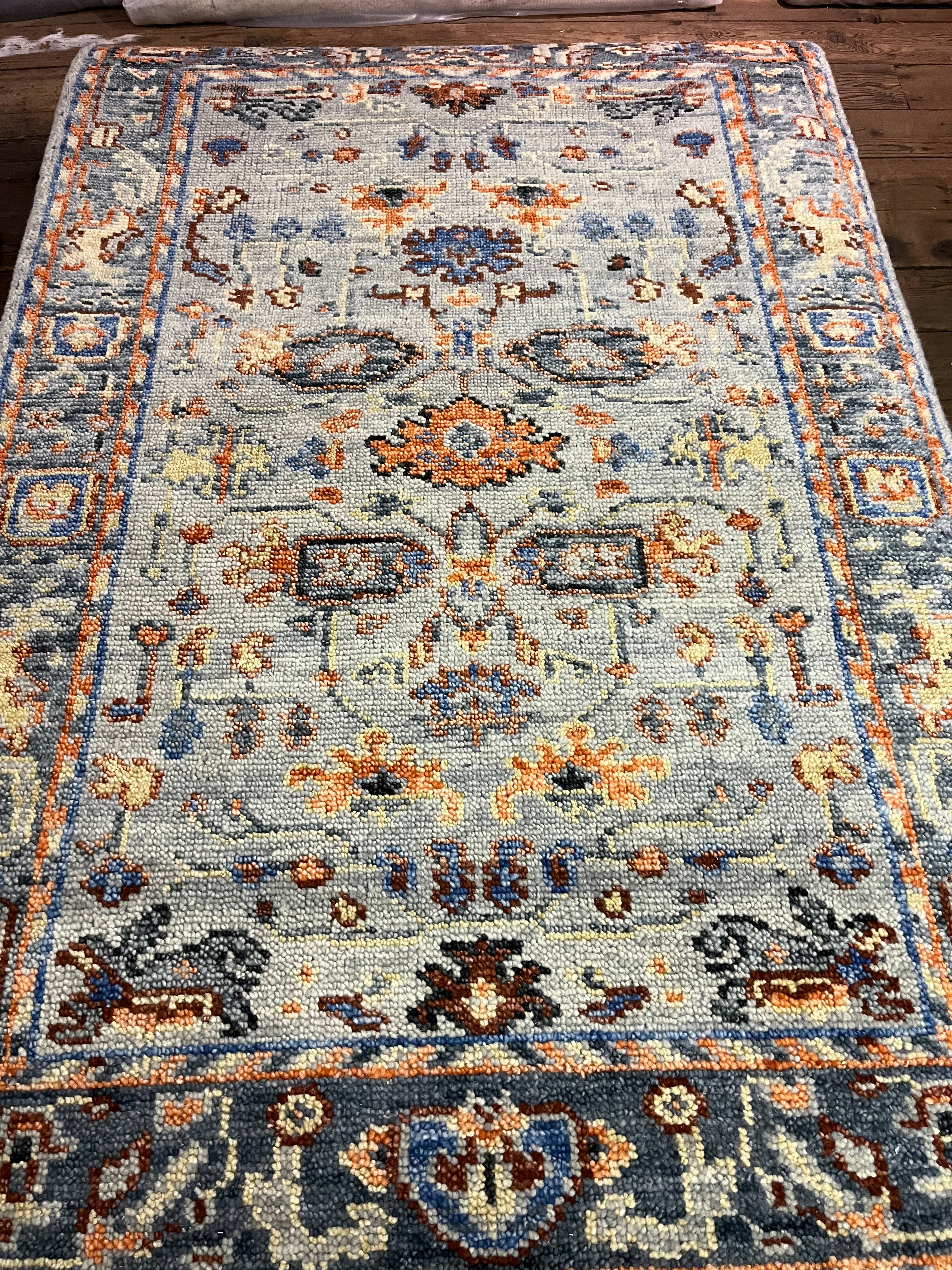 Morgan Farrow Grey and Blue Hand-Knotted Oushak Rug 4x6 | Banana Manor Rug Company