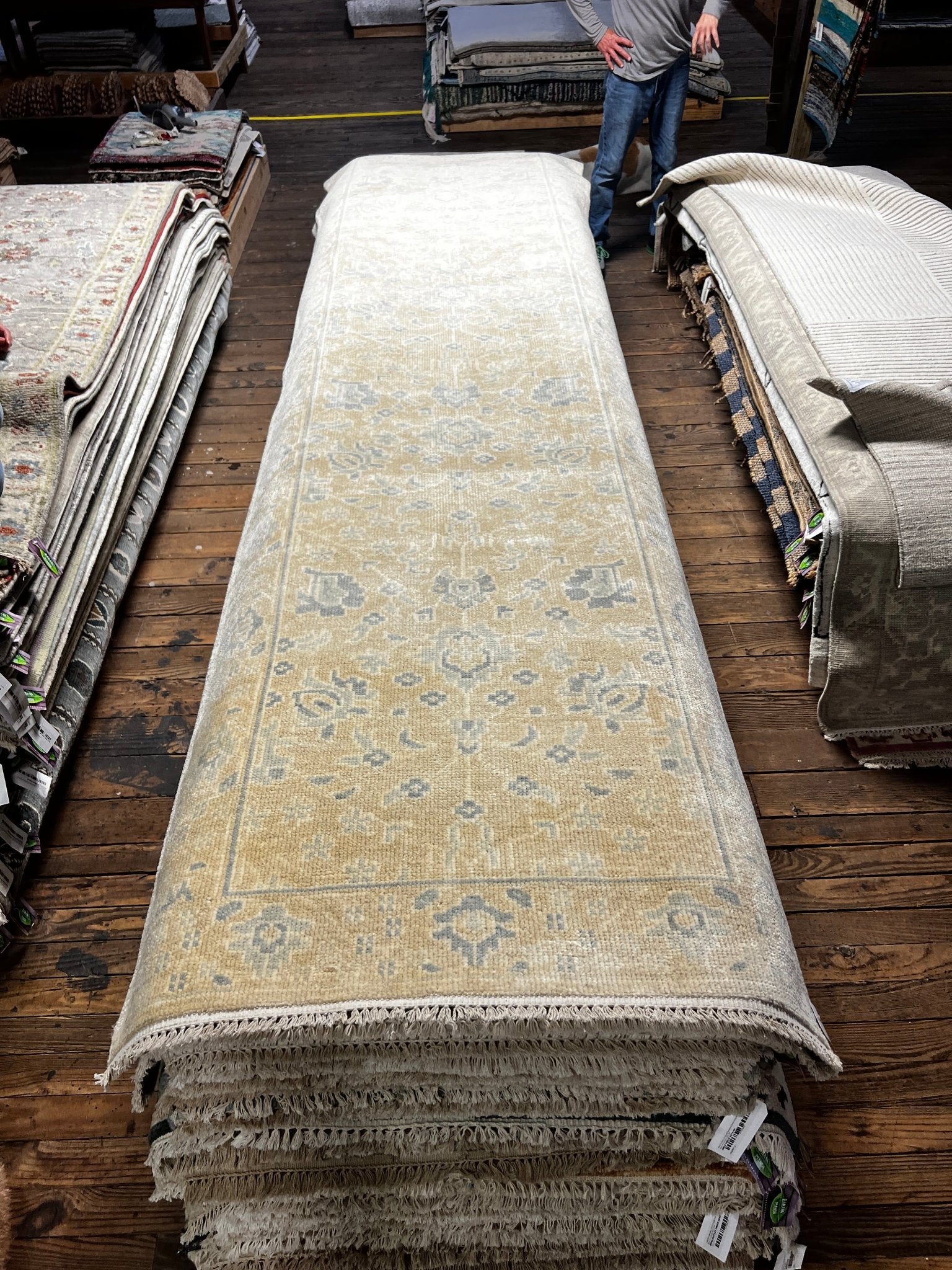 Alexandra Holden 3.6x13 Hand-Knotted Gold & Silver Oushak Runner | Banana Manor Rug Factory Outlet