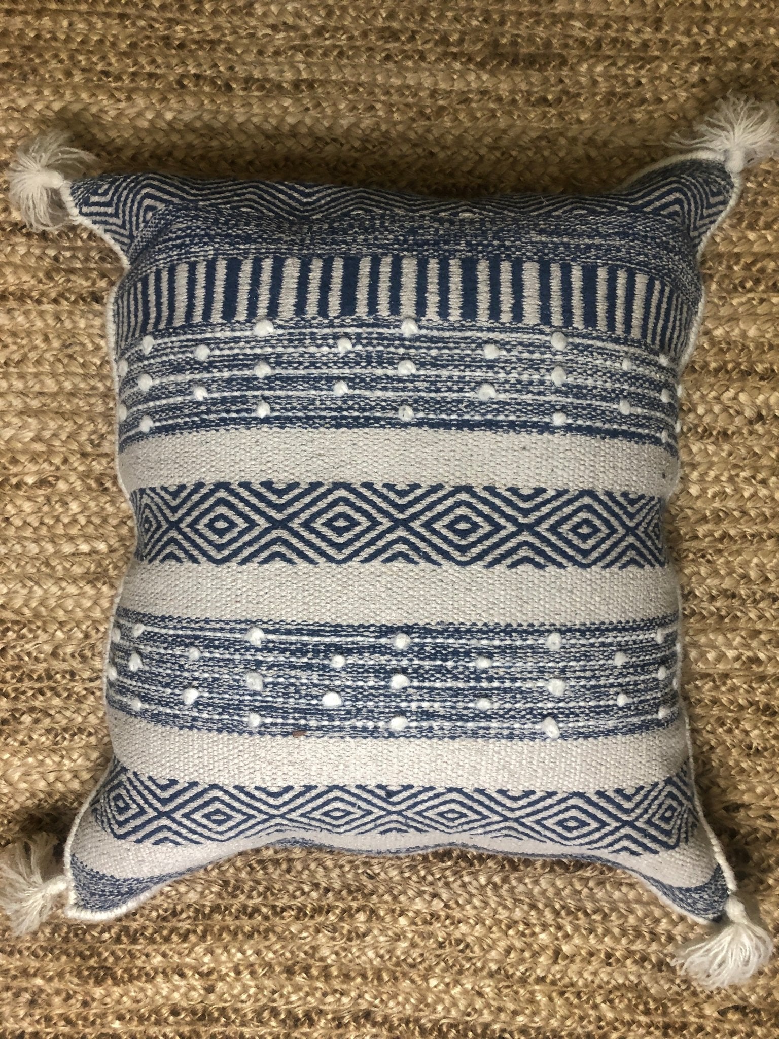 Almonaster Large Blue and White Pillow With Tassels | Banana Manor Rug Company