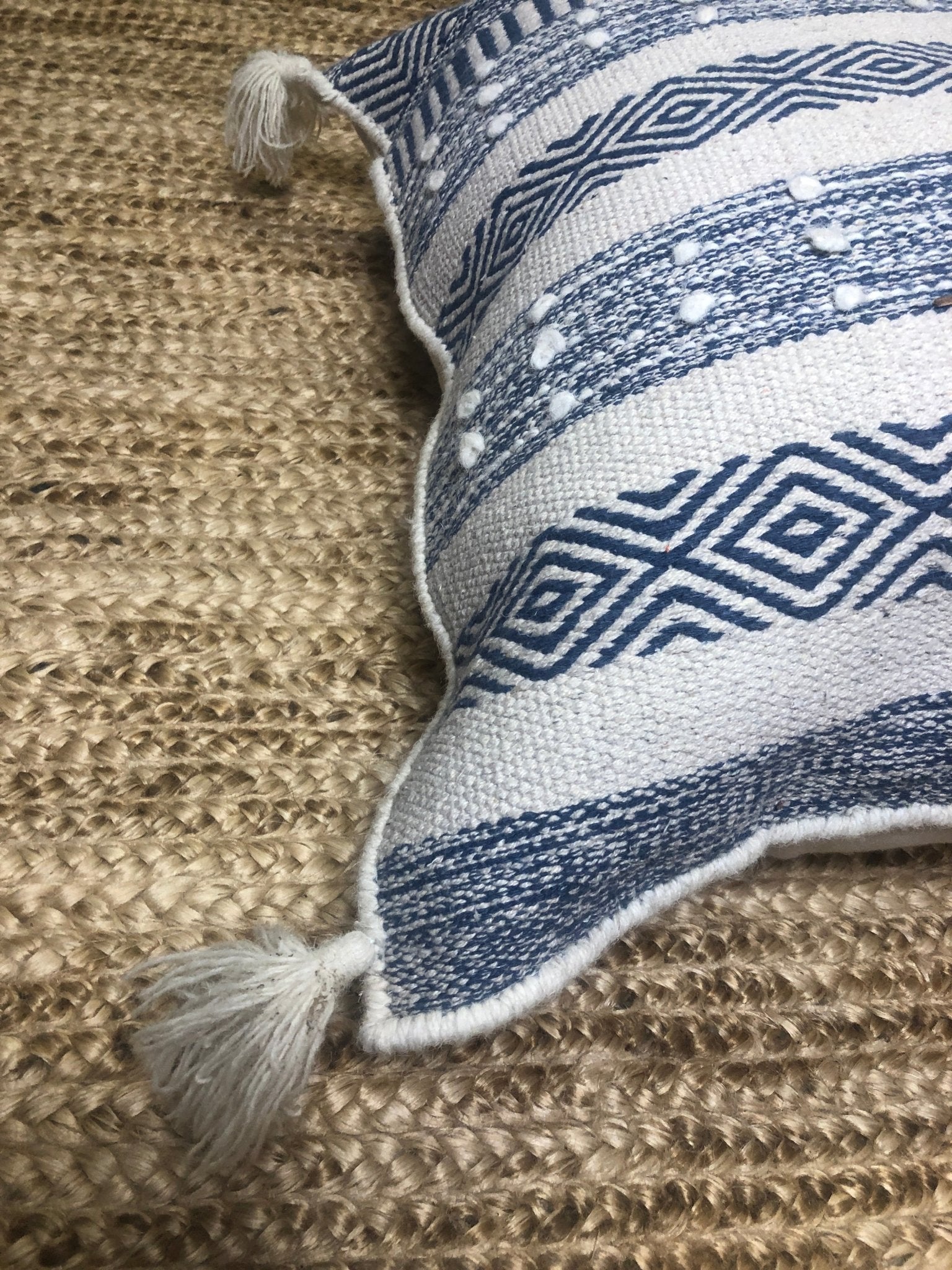 Almonaster Large Blue and White Pillow With Tassels | Banana Manor Rug Company