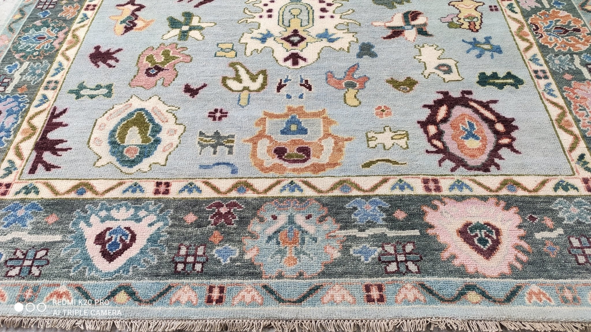 Amber Perley 7.9x10 Light Blue and Dark Green Hand-Knotted Oushak Rug | Banana Manor Rug Company