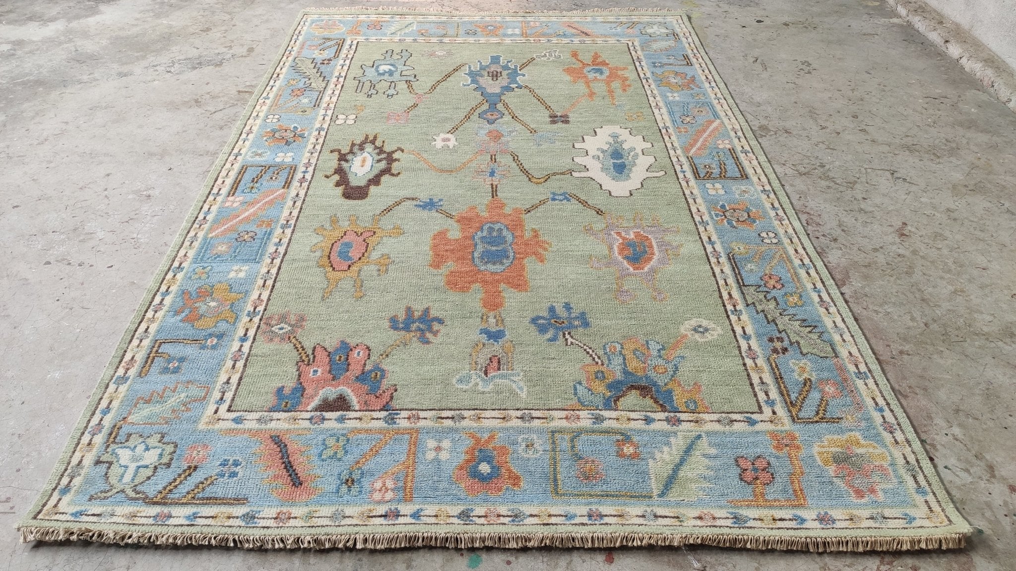 Ames 6x9 Light Green and Light Blue Hand-Knotted Oushak Rug | Banana Manor Rug Company