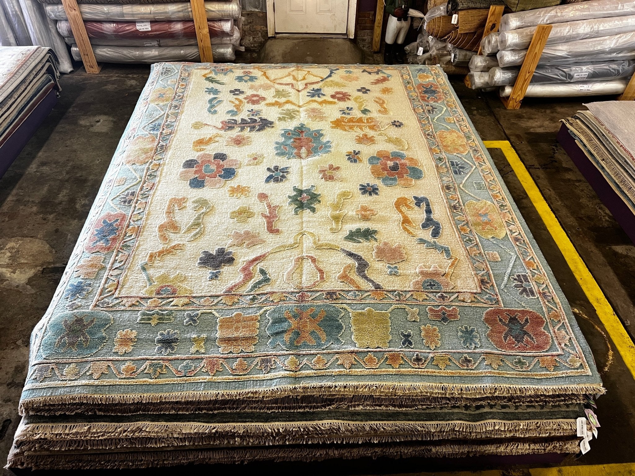 Amiera 8x10 & 9x12 Cream and Light Blue High Low Hand-Knotted Oushak Rug | Banana Manor Rug Company