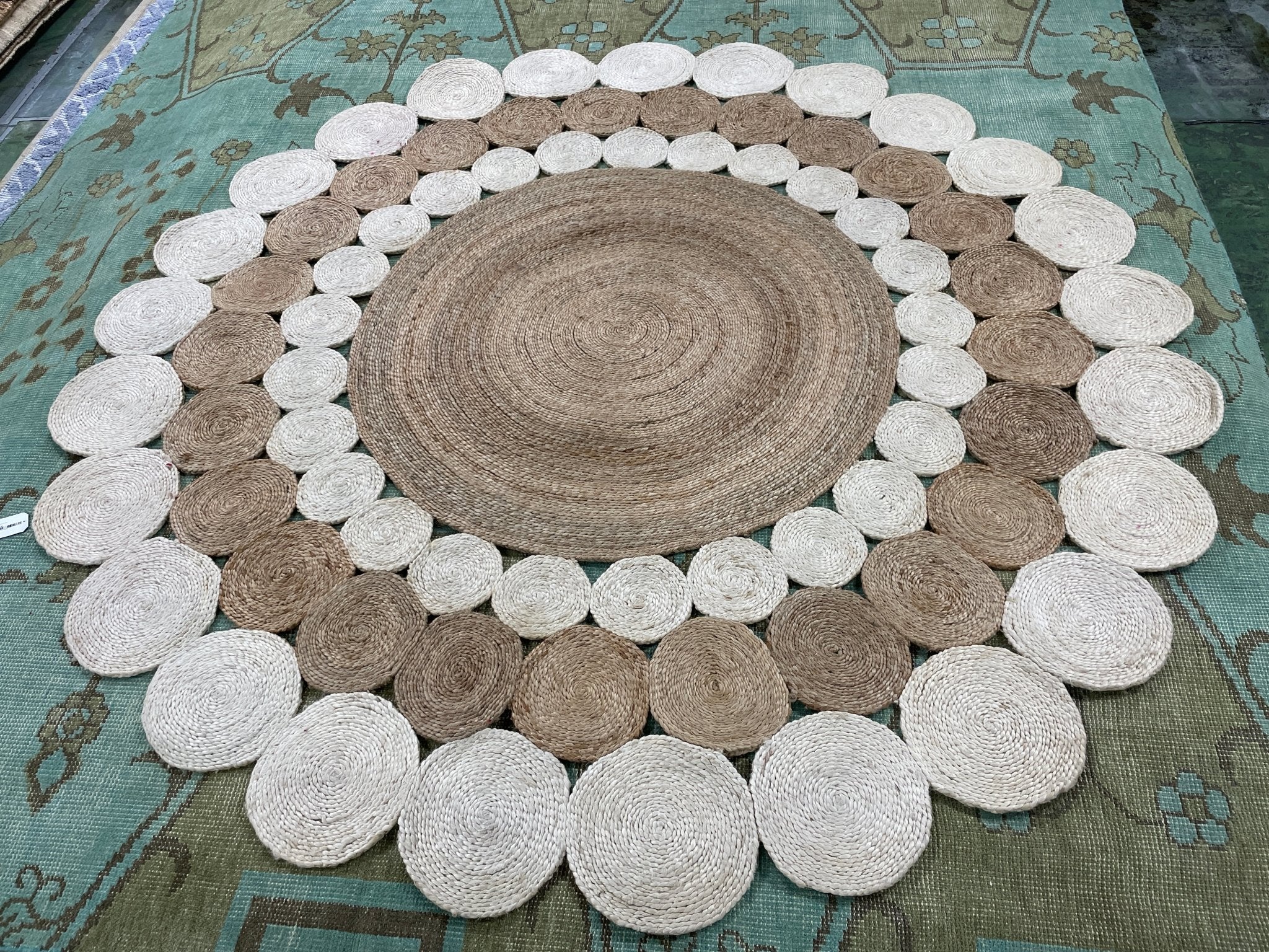 Areola 52 Handwoven Natural White 8x8 Round Durrie Rug | Banana Manor Rug Company