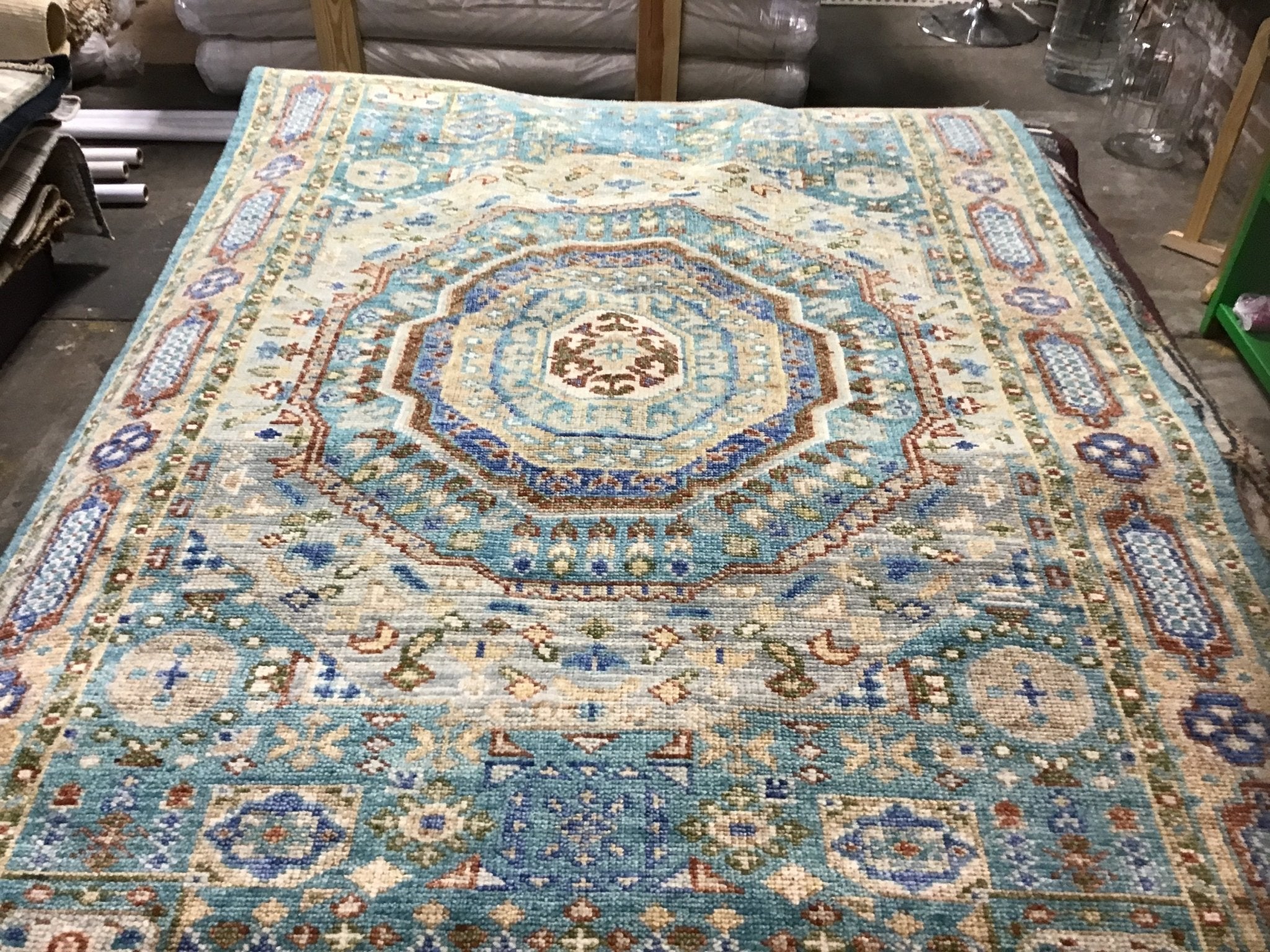 Ariella 6.3x9 Light Blue and Rust Hand-Knotted Oushak Rug | Banana Manor Rug Company