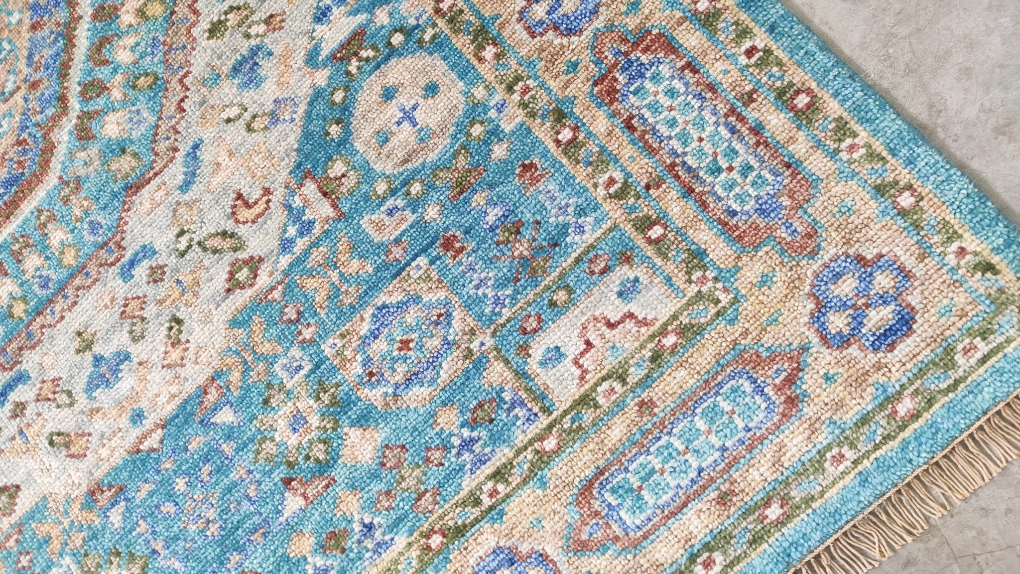 Ariella 6.3x9 Light Blue and Rust Hand-Knotted Oushak Rug | Banana Manor Rug Company