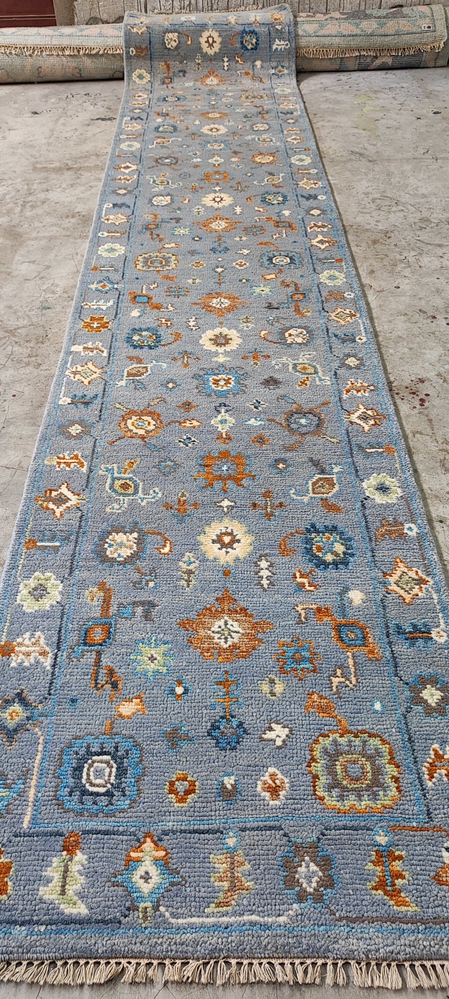 Audrey Tautou 2.6x13 Light Blue Hand-Knotted Oushak Runner | Banana Manor Rug Company