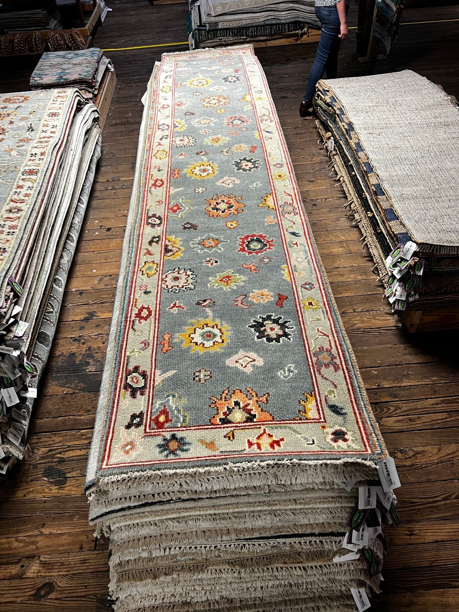 Bodil 2.6x12 Hand-Knotted Light Green & Ivory Oushak Runner | Banana Manor Rug Factory Outlet