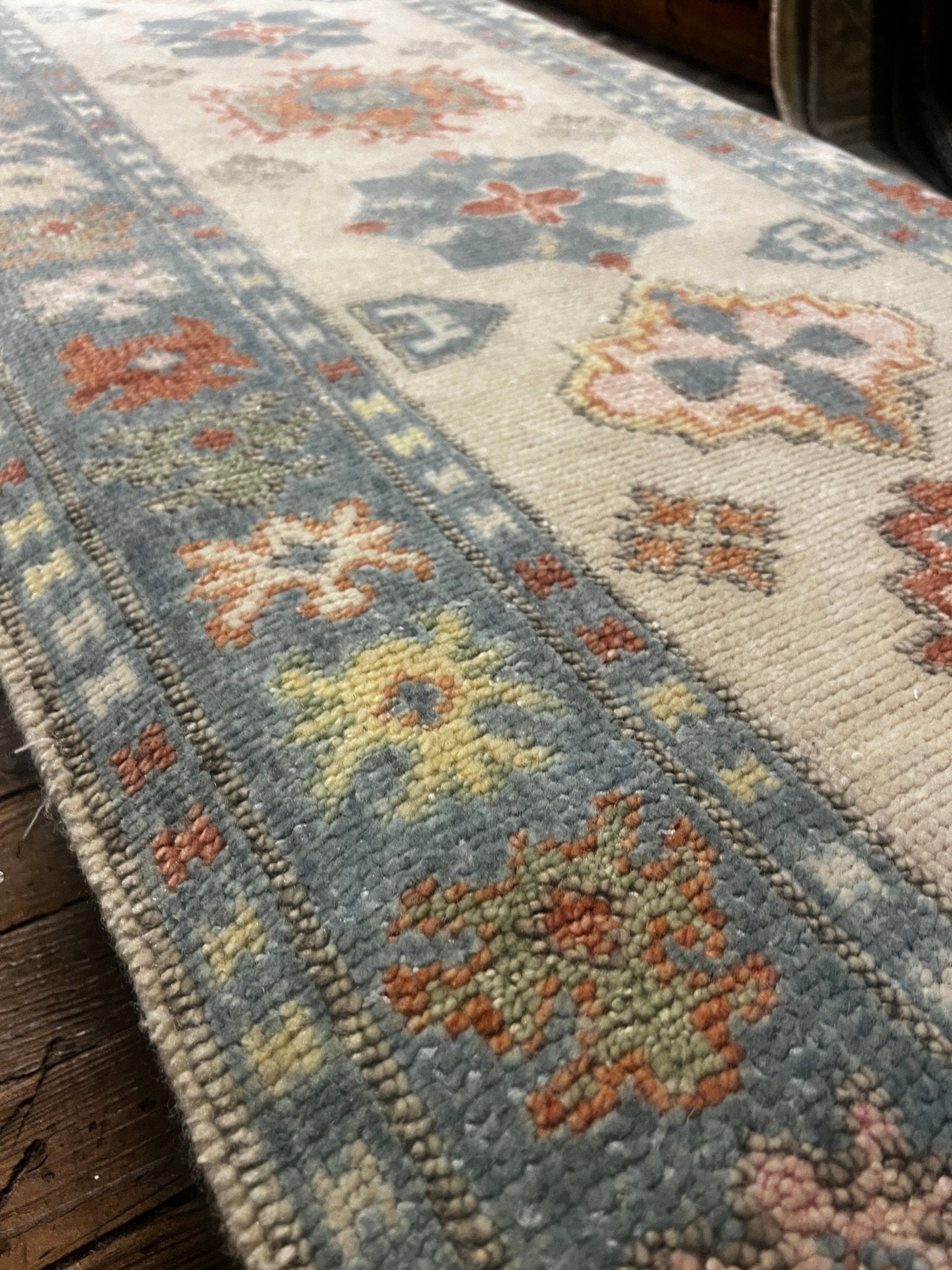 Bridget 2.9x17.9 Ivory and Light Blue Hand-Knotted Oushak Rug | Banana Manor Rug Factory Outlet