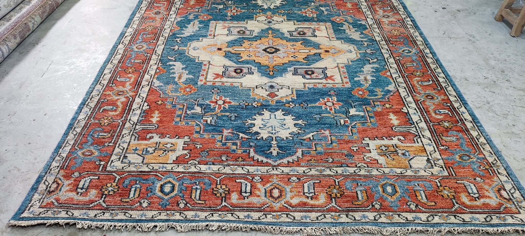 Brigette Romanek Blue and Rust Hand-Knotted Oriental Rug 7.6x10 | Banana Manor Rug Company