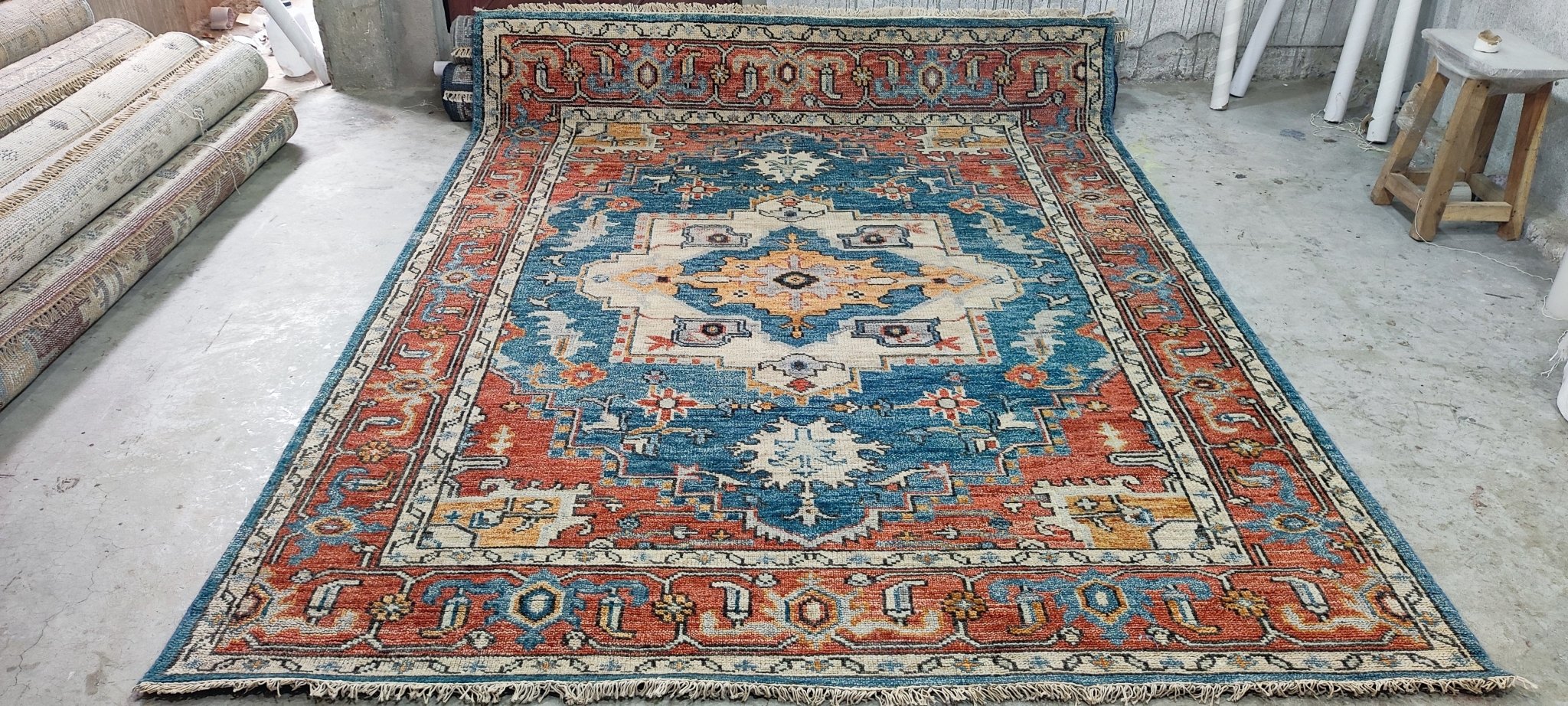 Brigette Romanek Blue and Rust Hand-Knotted Oriental Rug 7.6x10 | Banana Manor Rug Company