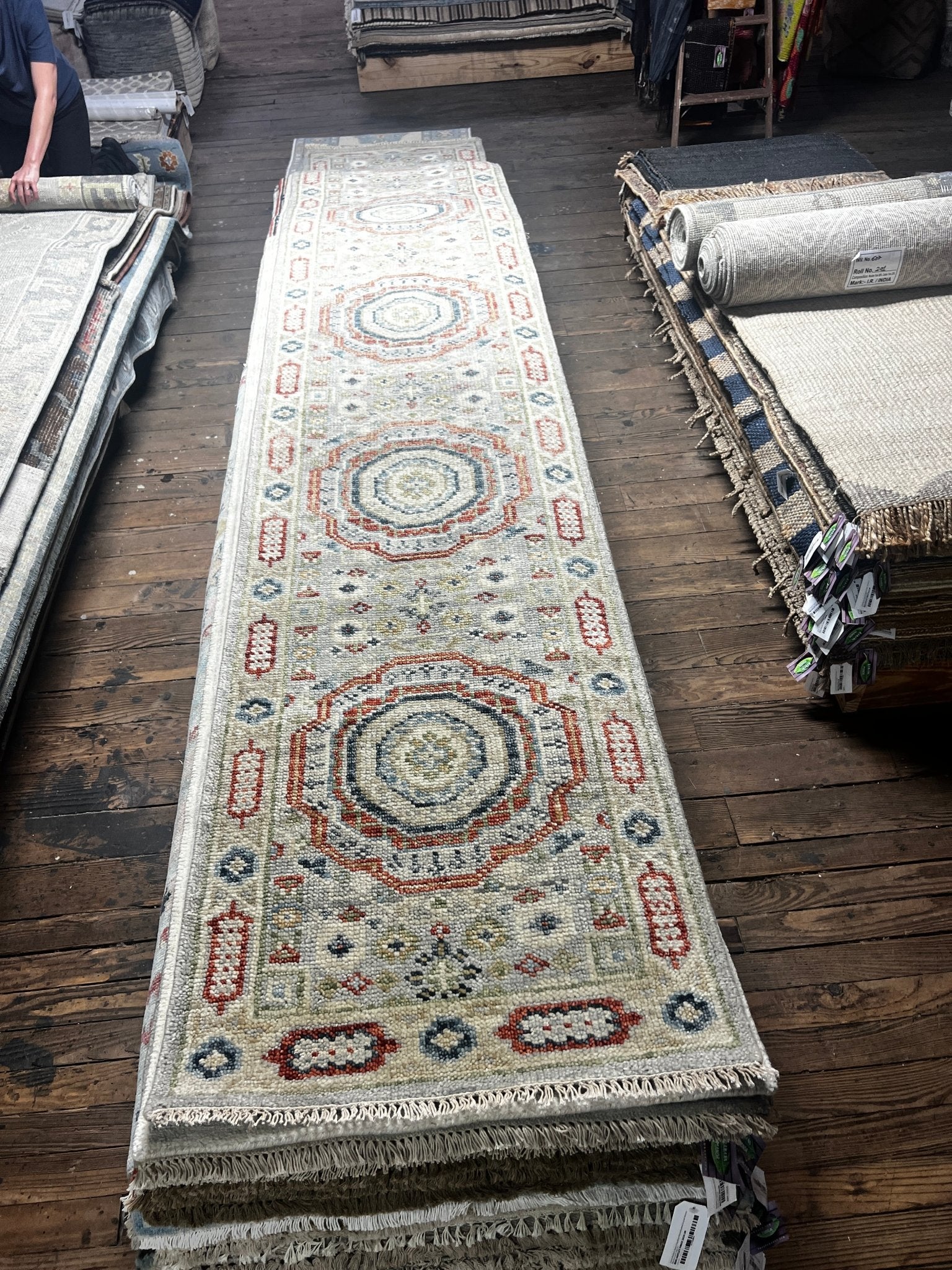 Brigette Romanek Grey and Tan Hand-Knotted Oushak Runner 2.6x14 | Banana Manor Rug Company