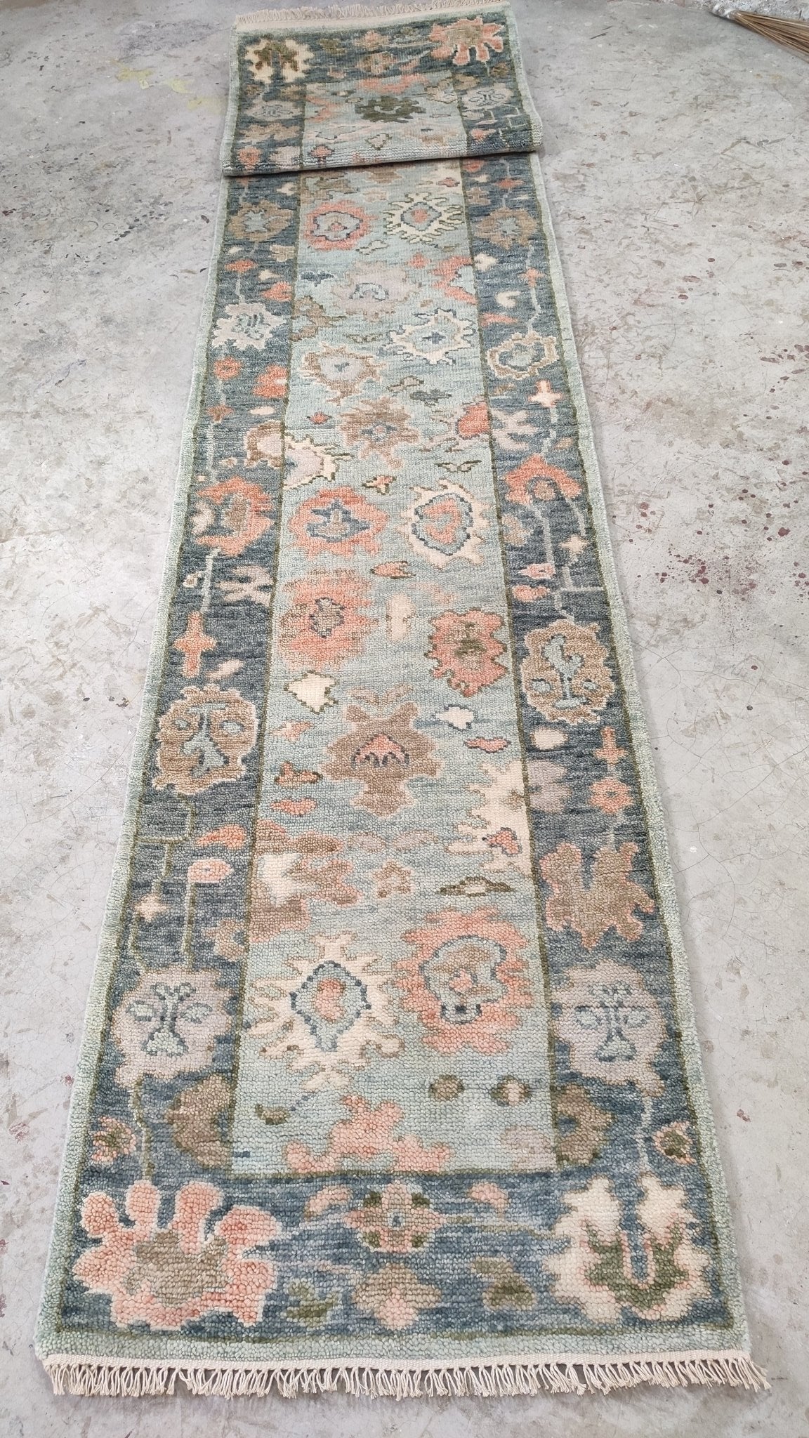 Bristol 2.6x13.9 Hand-Knotted Blue and Pink Oushak Runner | Banana Manor Rug Company