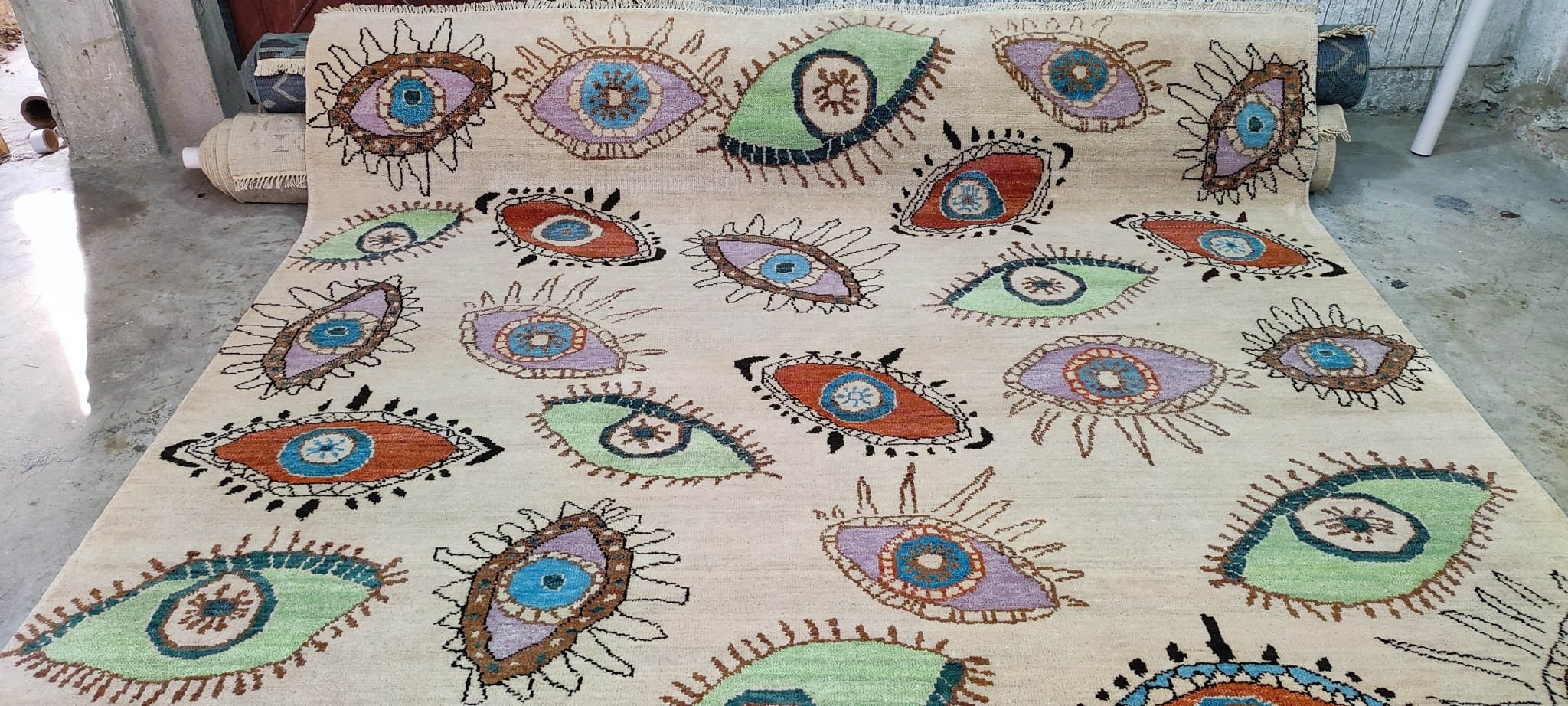 Bud Tingwell Hand-Knotted Eye Design Rug Tan Multi-Colored 8x9.9 | Banana Manor Rug Company