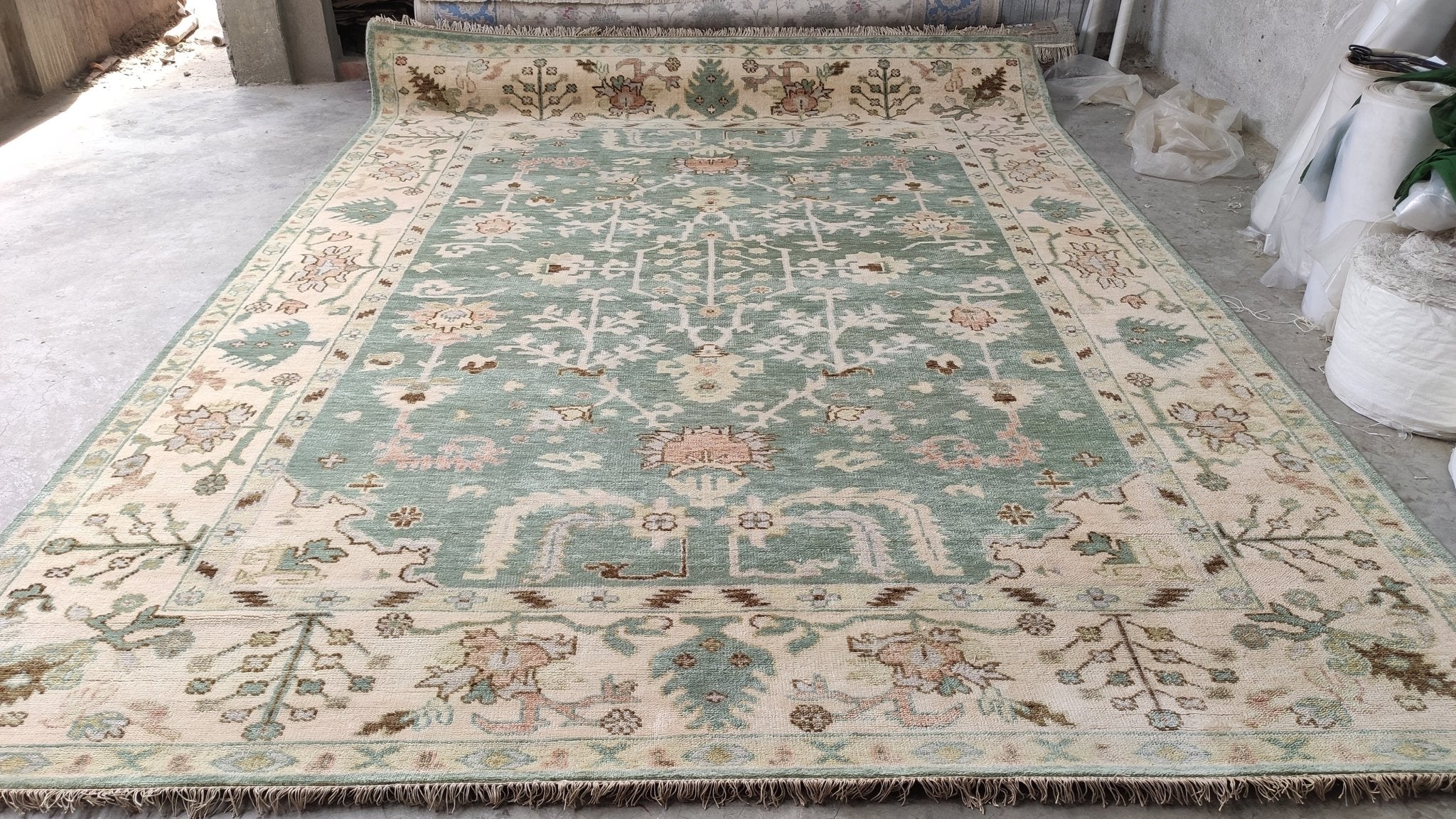Cady 9x12.3 Light Green and White Hand-Knotted Oushak Rug | Banana Manor Rug Company