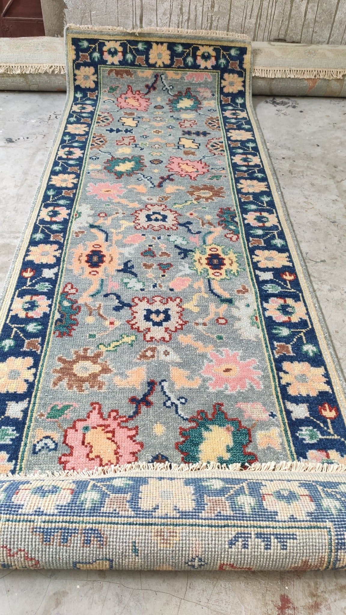 Camille Clifford 2.9x8 Grey and Blue Hand-Knotted Oushak Runner | Banana Manor Rug Company