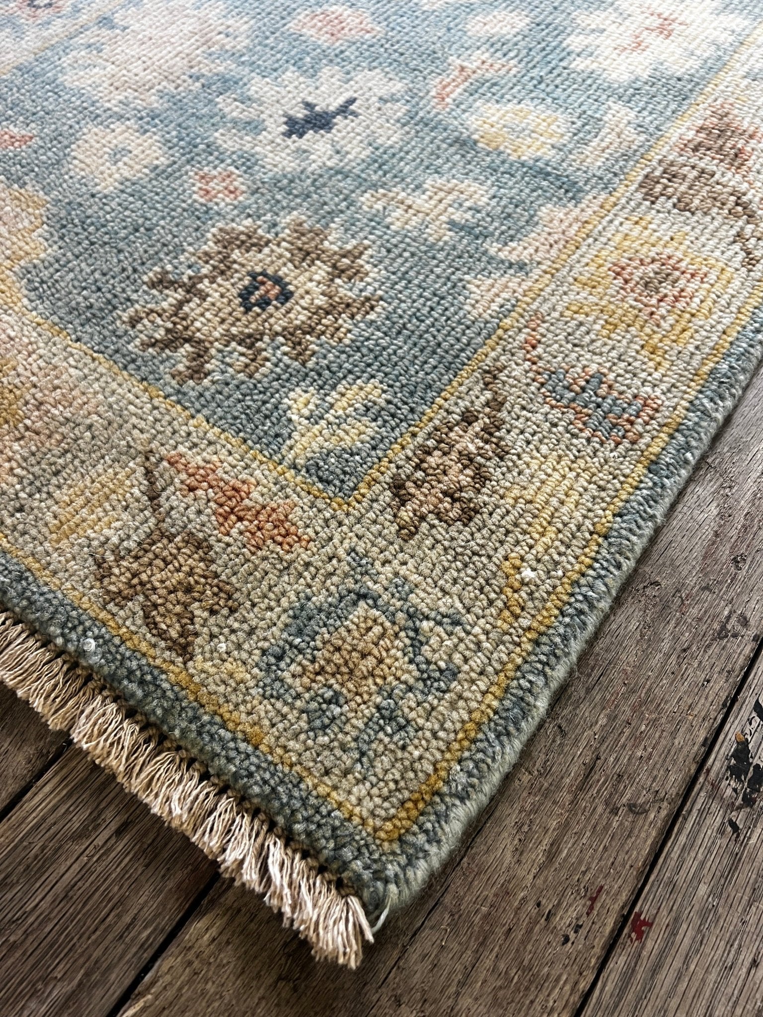 "Carina" Light Blue and Gold Hand-Knotted Oushak 8x10 | Banana Manor Rug Company