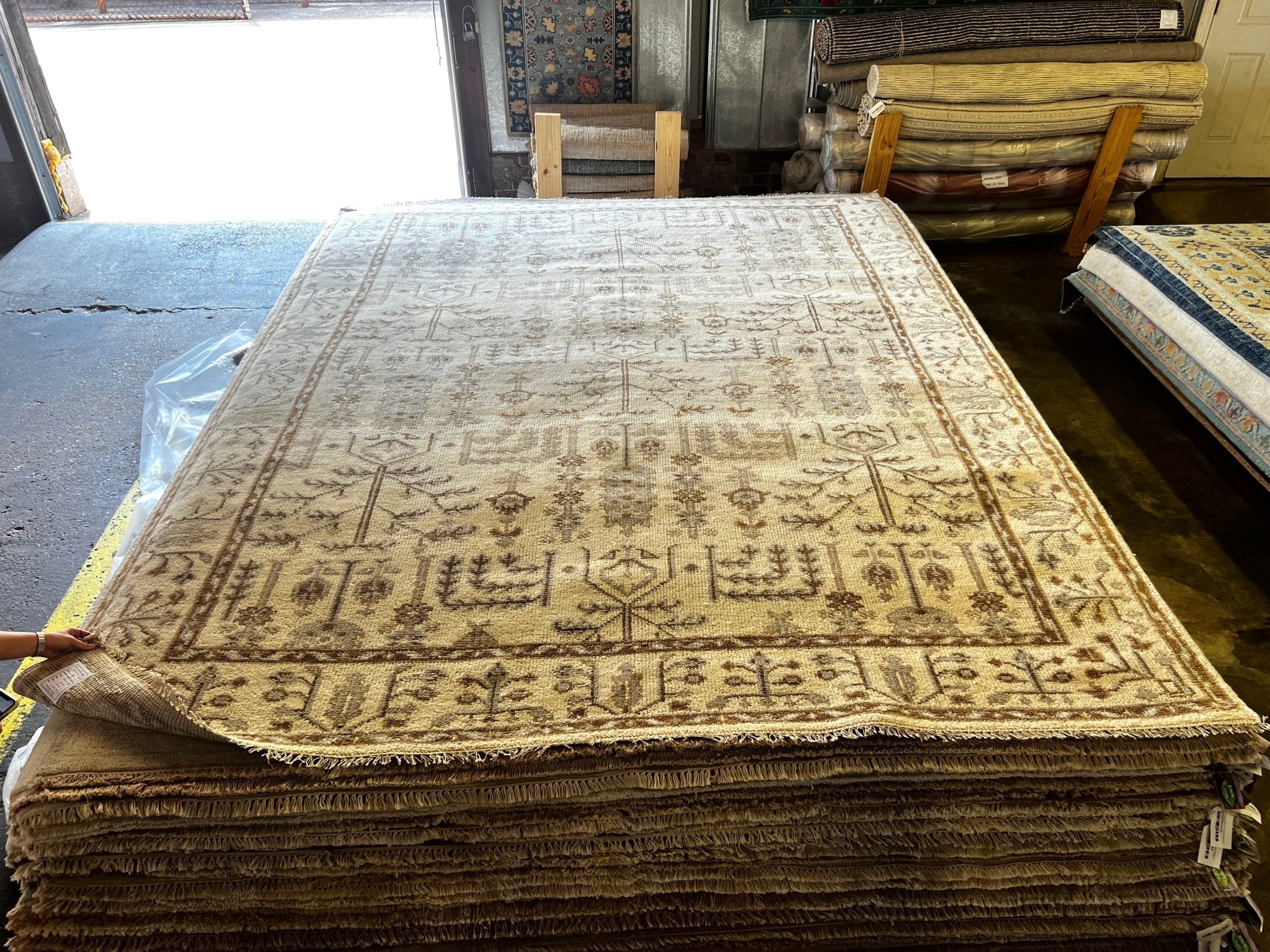 Carmen’s Carnival 9.6x12 Beige and Brown Hand-Knotted Oushak Rug | Banana Manor Rug Factory Outlet