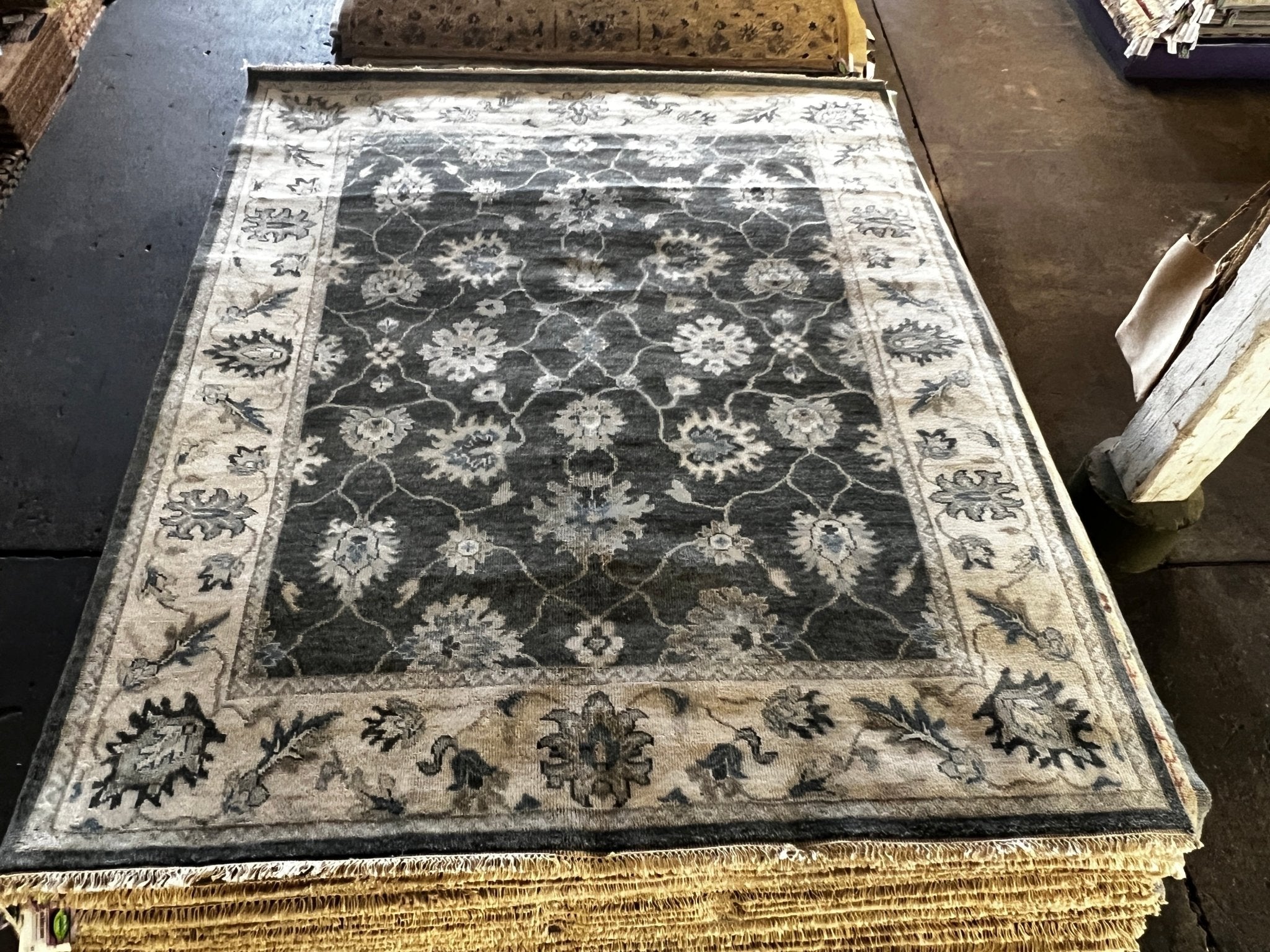 Carrie Livingston Dark Grey and Ivory Hand-Knotted Oushak Rug 8x9.9 | Banana Manor Rug Company