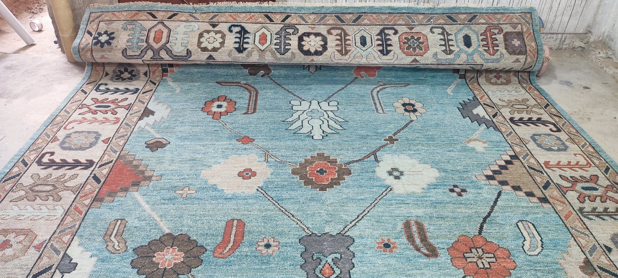 Catharine Cockburn Hand-Knotted Oushak Rug Light Blue and Tan 10x14 | Banana Manor Rug Company