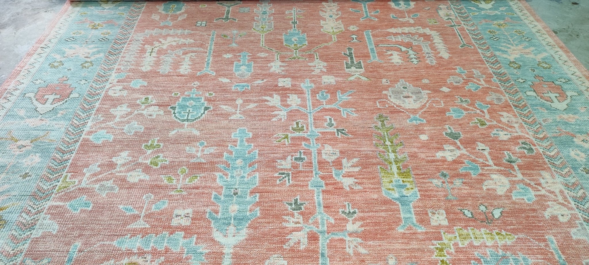 Catherine Garglealot 10x13.9 Pink and Light Green Hand-Knotted Oushak Rug | Banana Manor Rug Company