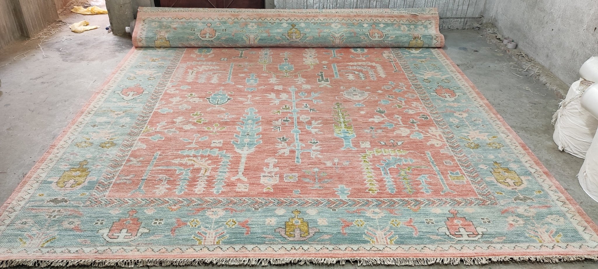 Catherine Garglealot 10x13.9 Pink and Light Green Hand-Knotted Oushak Rug | Banana Manor Rug Company