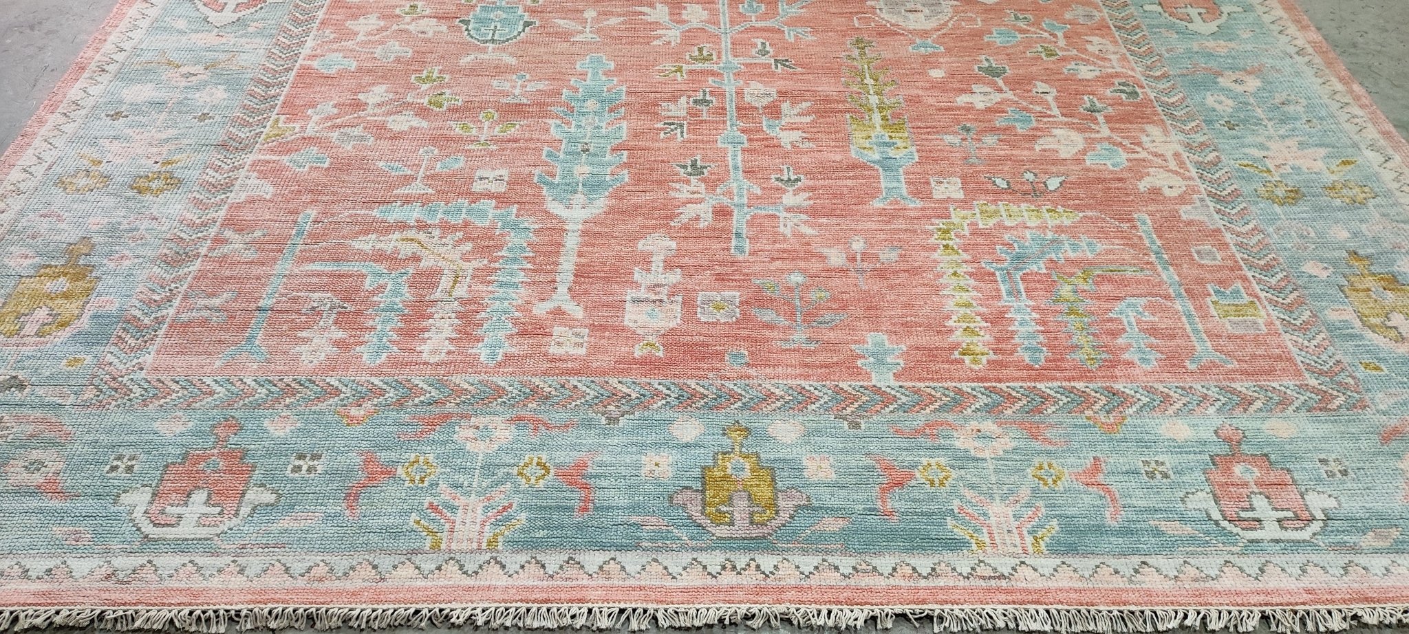 Catherine Garglealot 10x13.9 Pink and Light Green Hand-Knotted Oushak Rug | Banana Manor Rug Company