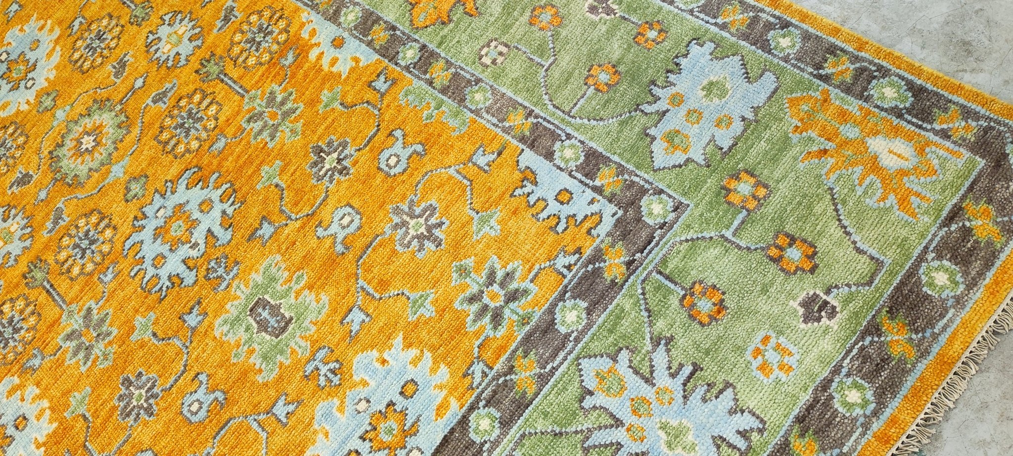 Celia Sawyer Gold and Green Hand-Knotted Oushak Rug 8.3x10 | Banana Manor Rug Company