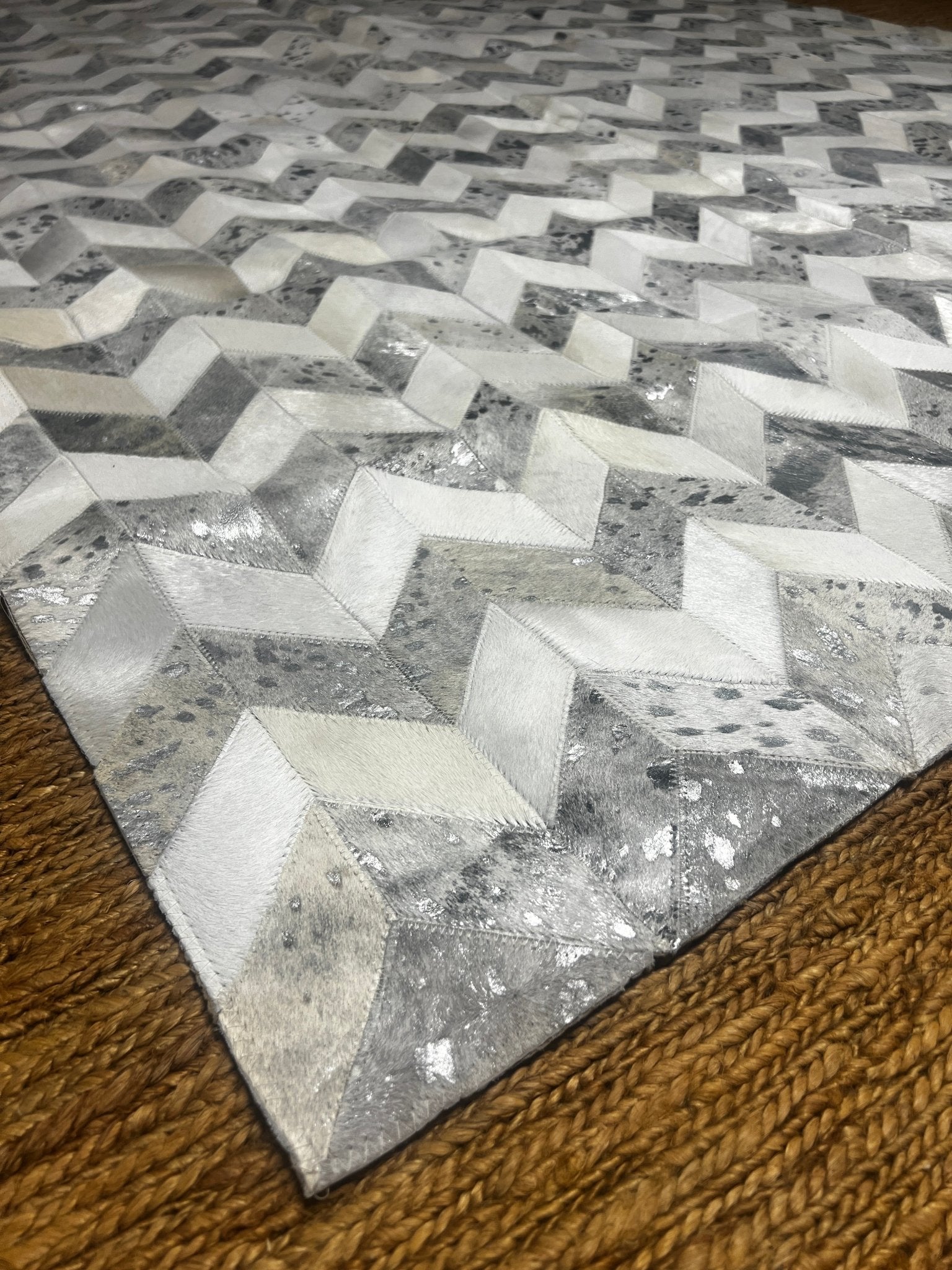 Chevron Grey and White Patched Cowhide Rug 6x9 | Banana Manor Rug Company