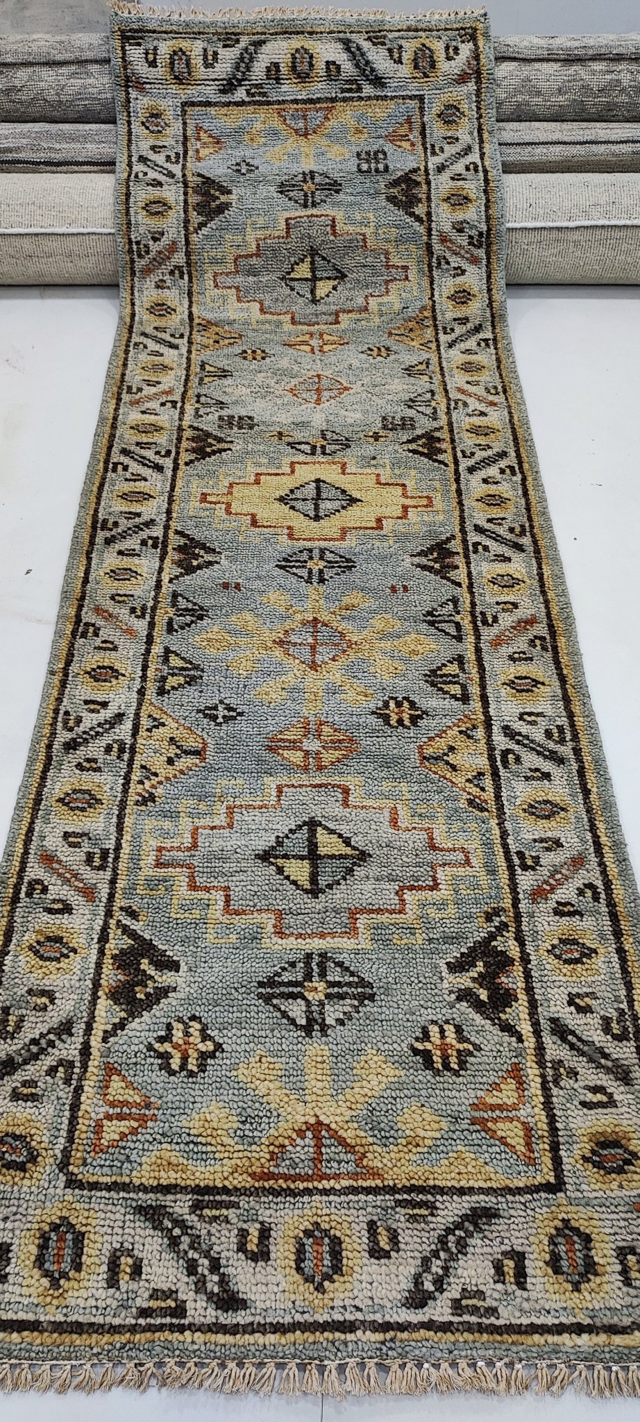 Christina Pickles 2.6x8 Hand-Knotted Blue & Tan Oushak Runner | Banana Manor Rug Factory Outlet